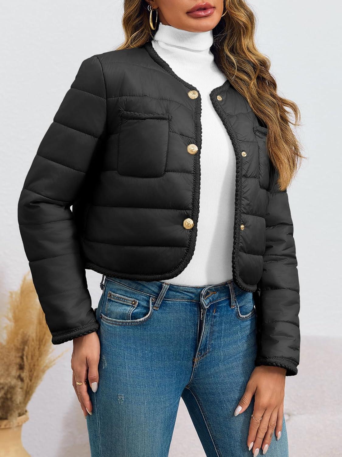 imageCicy Bell Womens Cropped Puffer Jackets Quilted Lightweight Collarless Button Down Warm Winter Coats with PocketsBlack