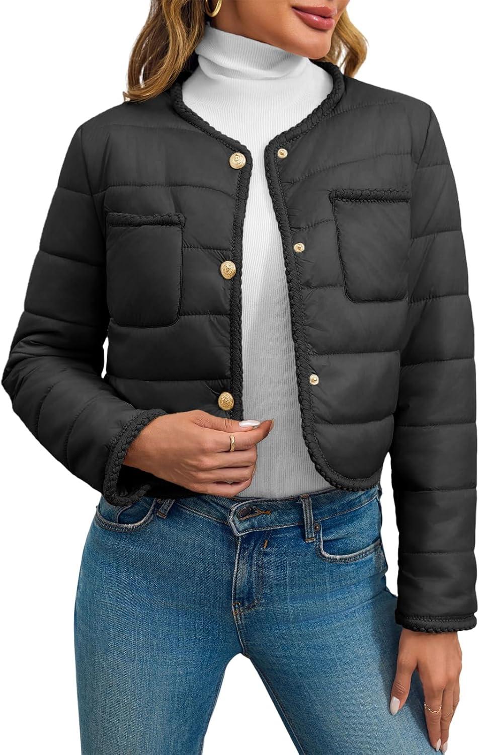imageCicy Bell Womens Cropped Puffer Jackets Quilted Lightweight Collarless Button Down Warm Winter Coats with PocketsBlack