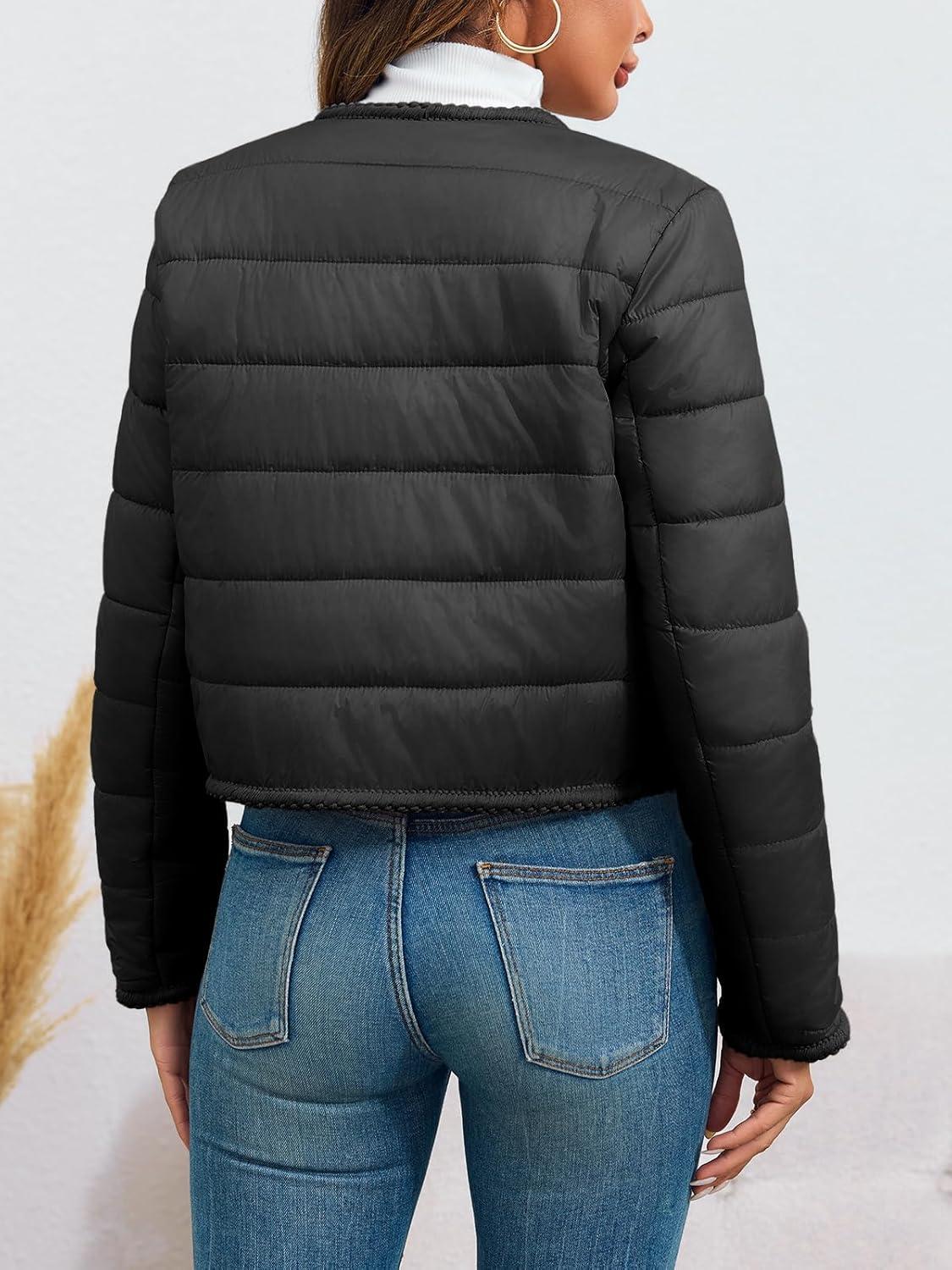 imageCicy Bell Womens Cropped Puffer Jackets Quilted Lightweight Collarless Button Down Warm Winter Coats with PocketsBlack