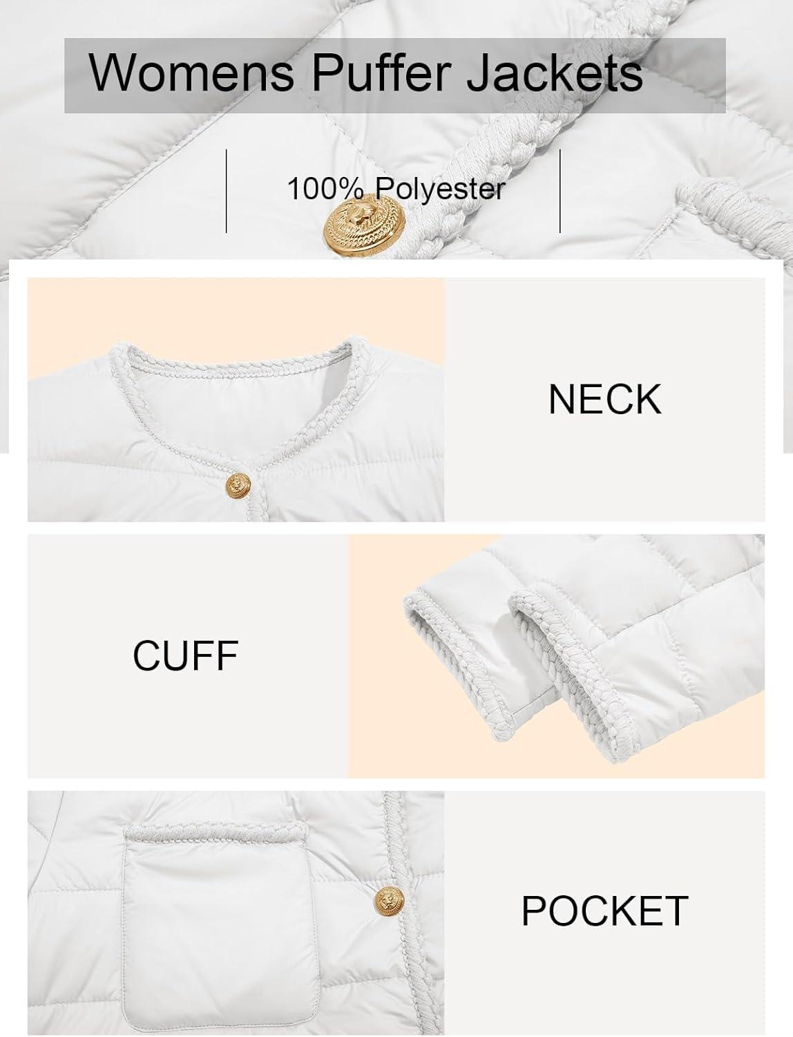 imageCicy Bell Womens Cropped Puffer Jackets Quilted Lightweight Collarless Button Down Warm Winter Coats with PocketsWhite