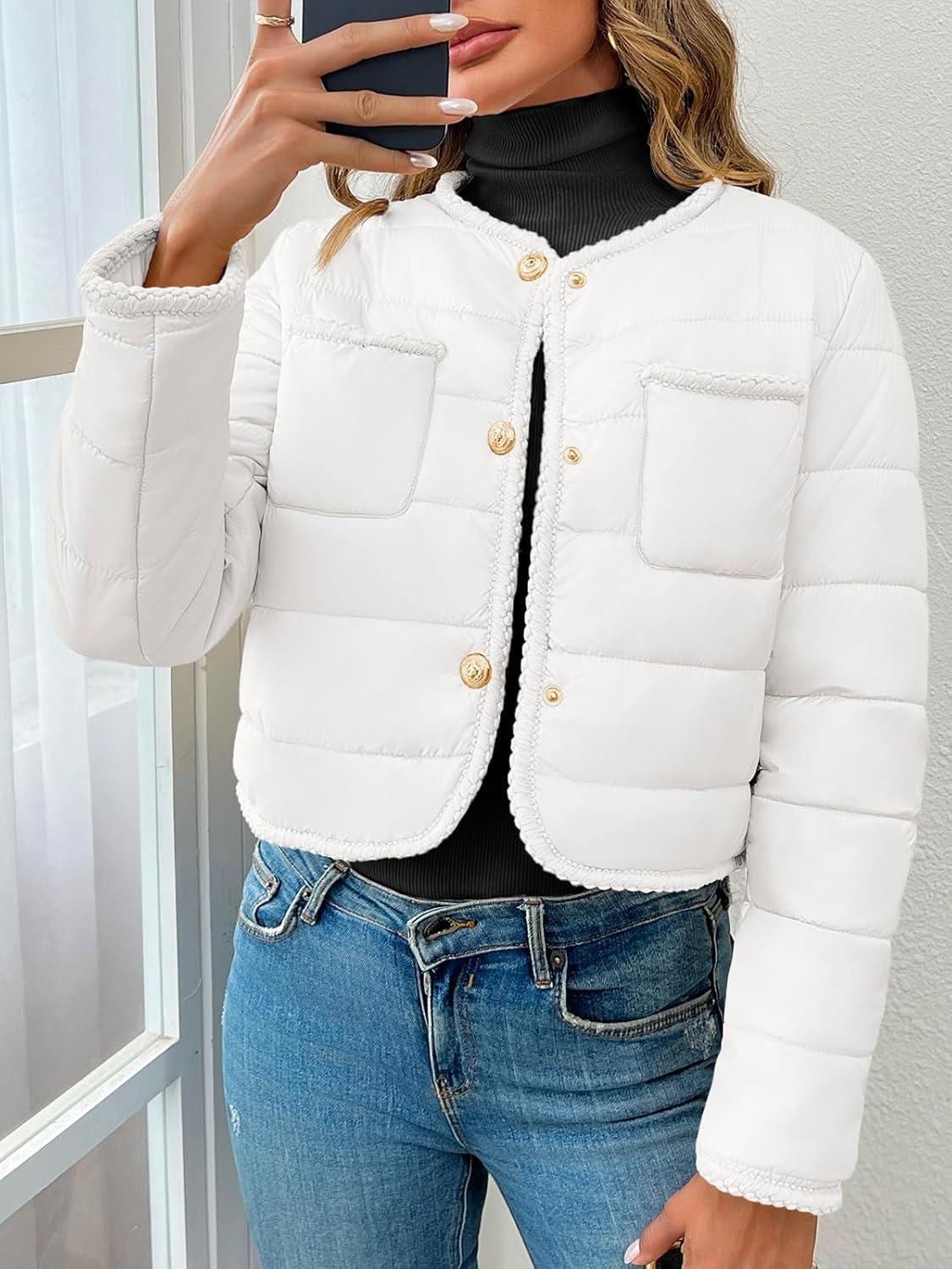 imageCicy Bell Womens Cropped Puffer Jackets Quilted Lightweight Collarless Button Down Warm Winter Coats with PocketsWhite