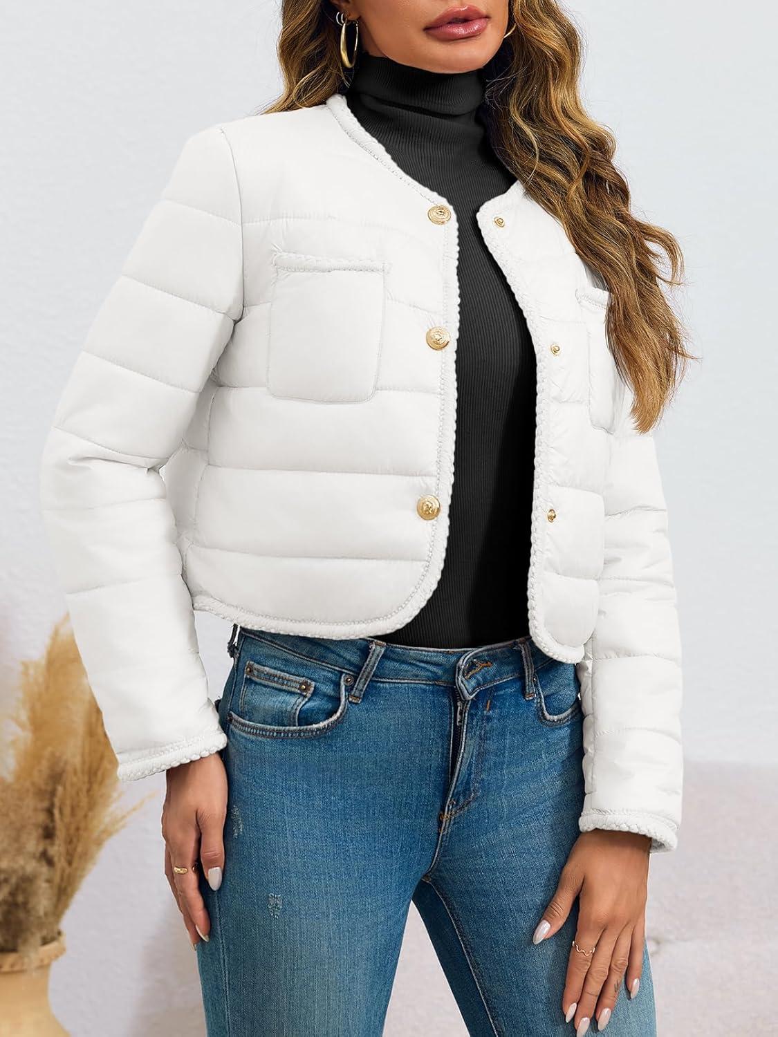imageCicy Bell Womens Cropped Puffer Jackets Quilted Lightweight Collarless Button Down Warm Winter Coats with PocketsWhite