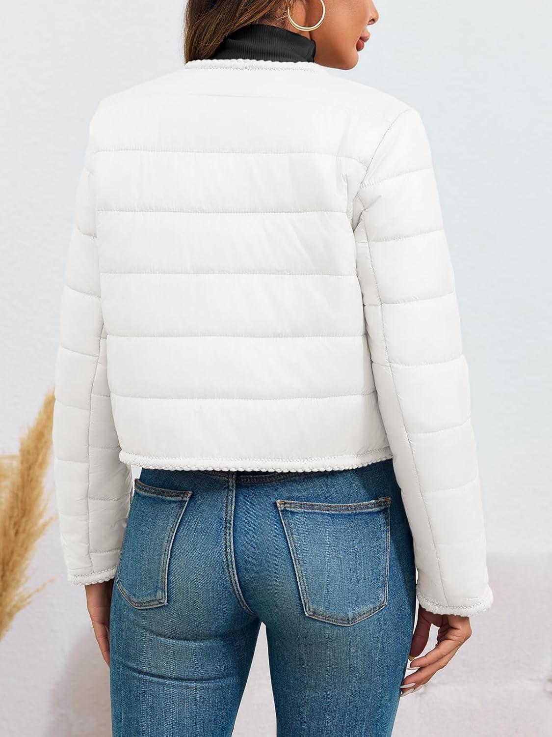 imageCicy Bell Womens Cropped Puffer Jackets Quilted Lightweight Collarless Button Down Warm Winter Coats with PocketsWhite