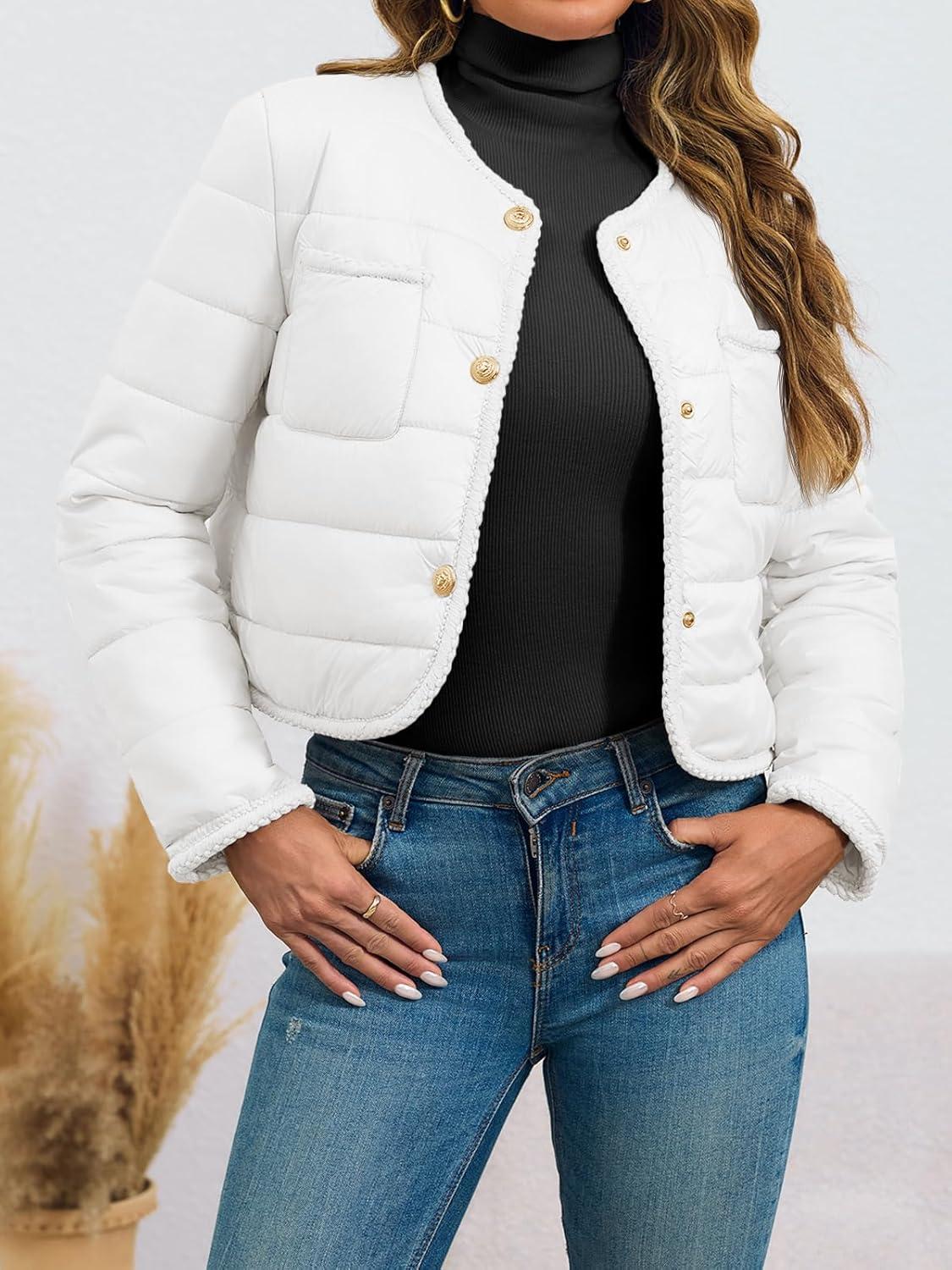 imageCicy Bell Womens Cropped Puffer Jackets Quilted Lightweight Collarless Button Down Warm Winter Coats with PocketsWhite