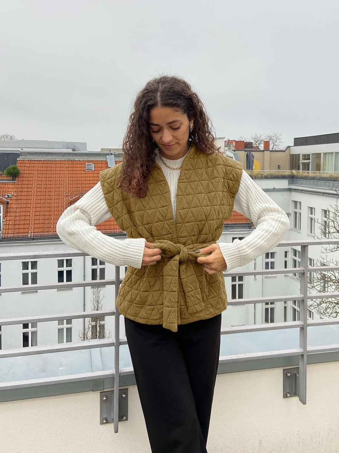 imageCicy Bell Womens Diamond Quilted Puffer Vest Open Front Puffy Sleeveless Jacket Fall Work Casual OuterwearArmy Green