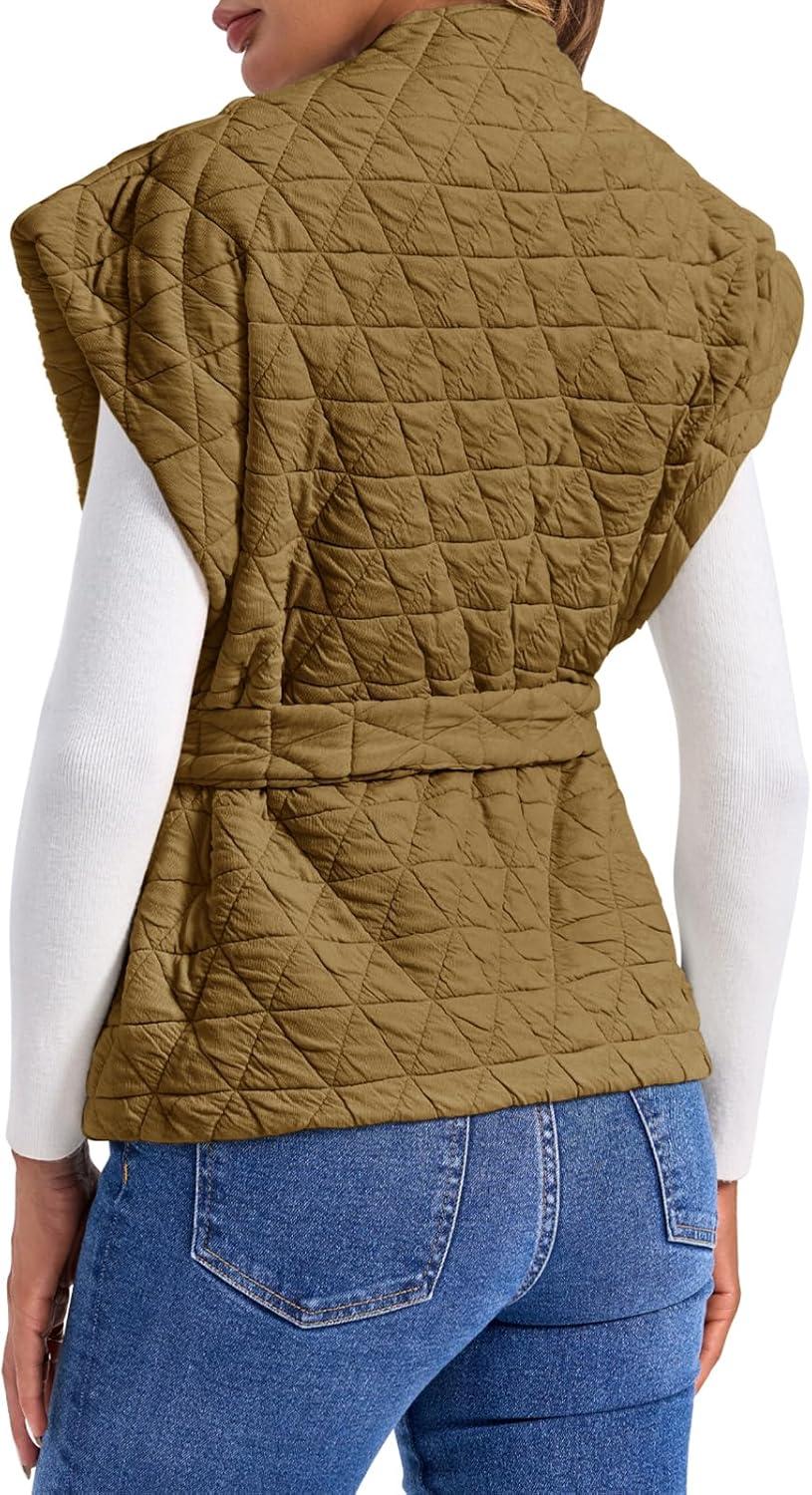 imageCicy Bell Womens Diamond Quilted Puffer Vest Open Front Puffy Sleeveless Jacket Fall Work Casual OuterwearArmy Green