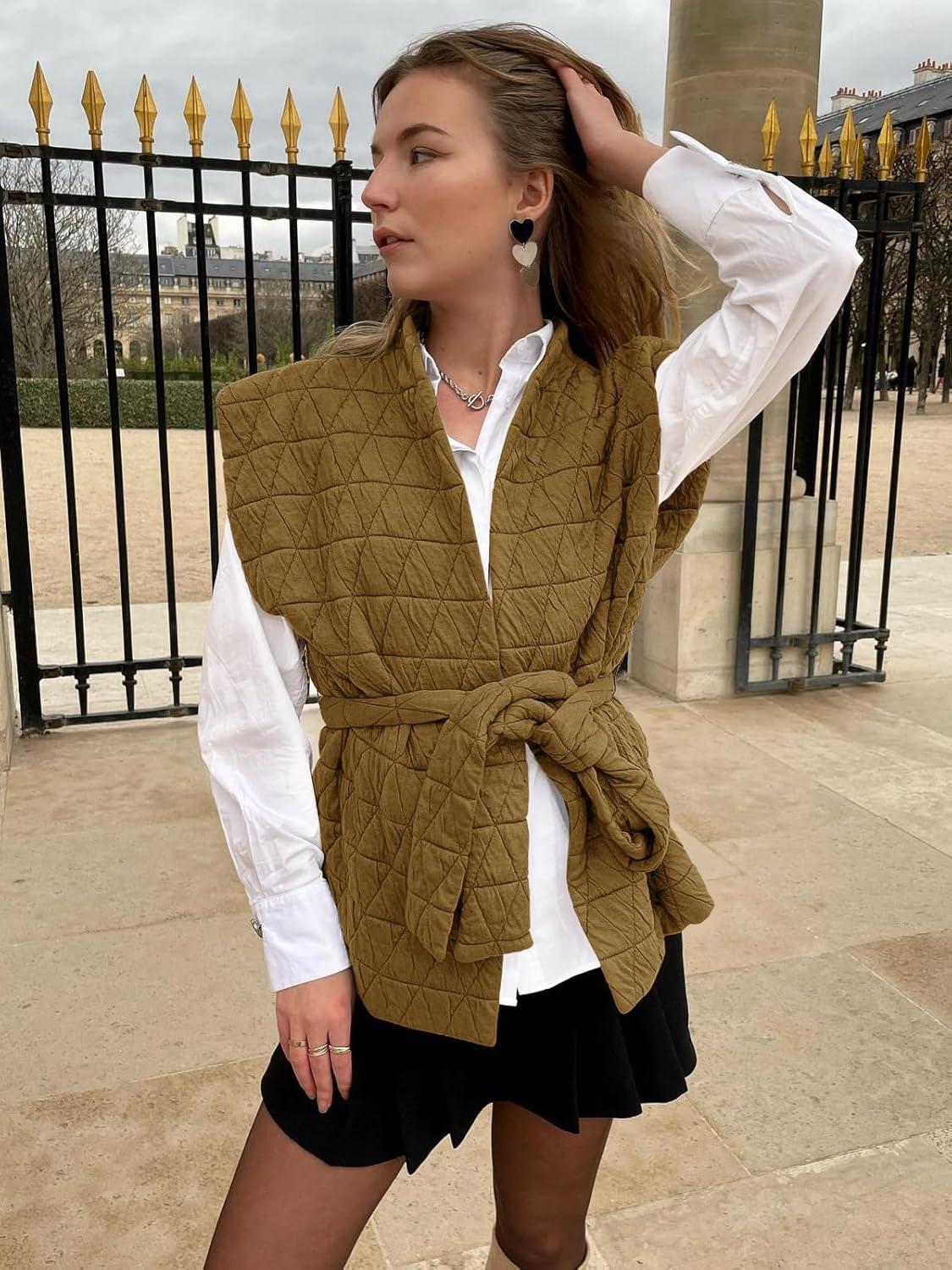 imageCicy Bell Womens Diamond Quilted Puffer Vest Open Front Puffy Sleeveless Jacket Fall Work Casual OuterwearArmy Green