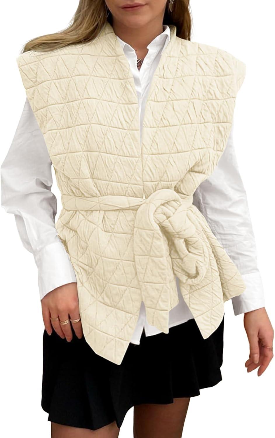 imageCicy Bell Womens Diamond Quilted Puffer Vest Open Front Puffy Sleeveless Jacket Fall Work Casual OuterwearBeige