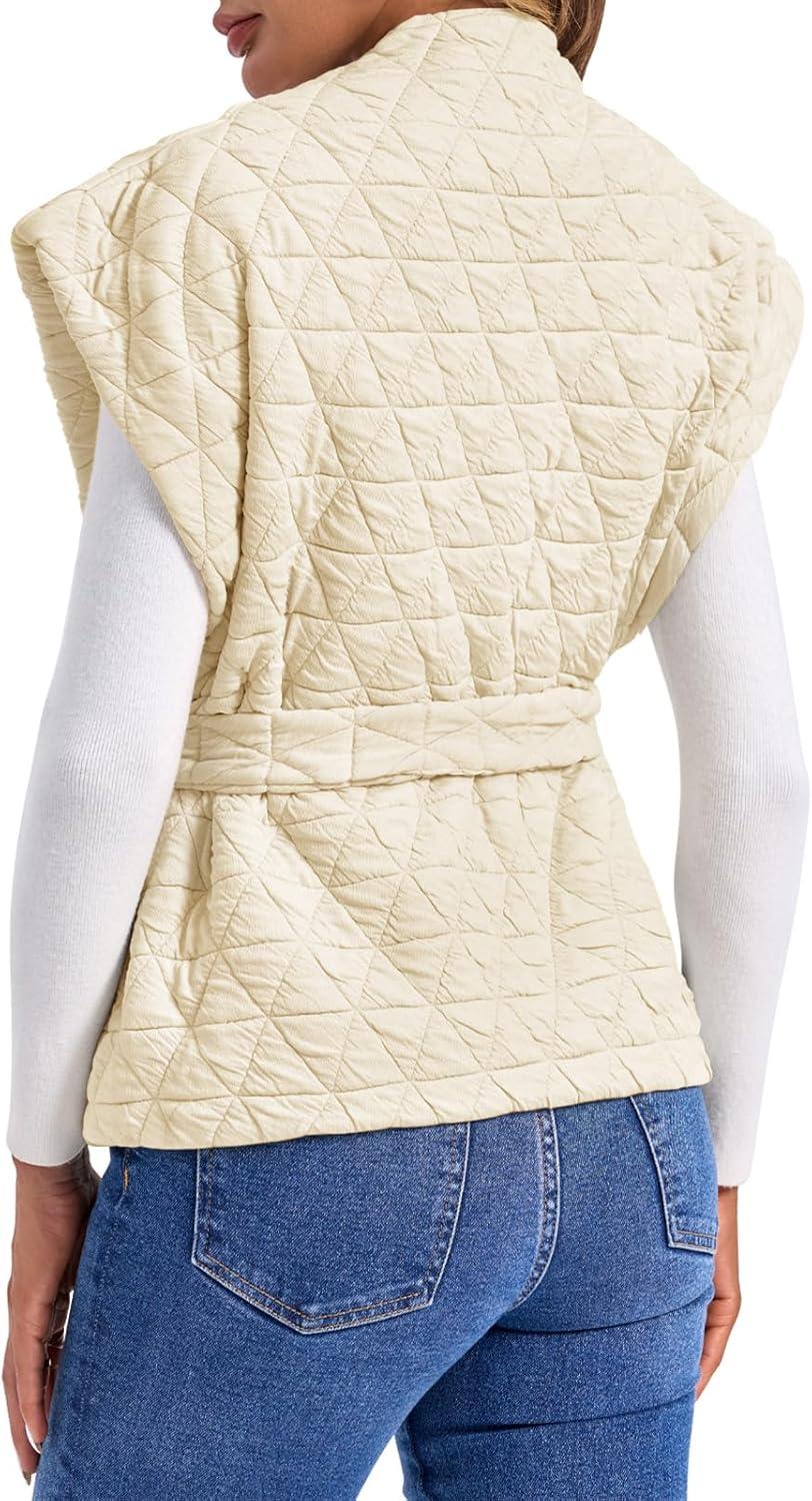 imageCicy Bell Womens Diamond Quilted Puffer Vest Open Front Puffy Sleeveless Jacket Fall Work Casual OuterwearBeige