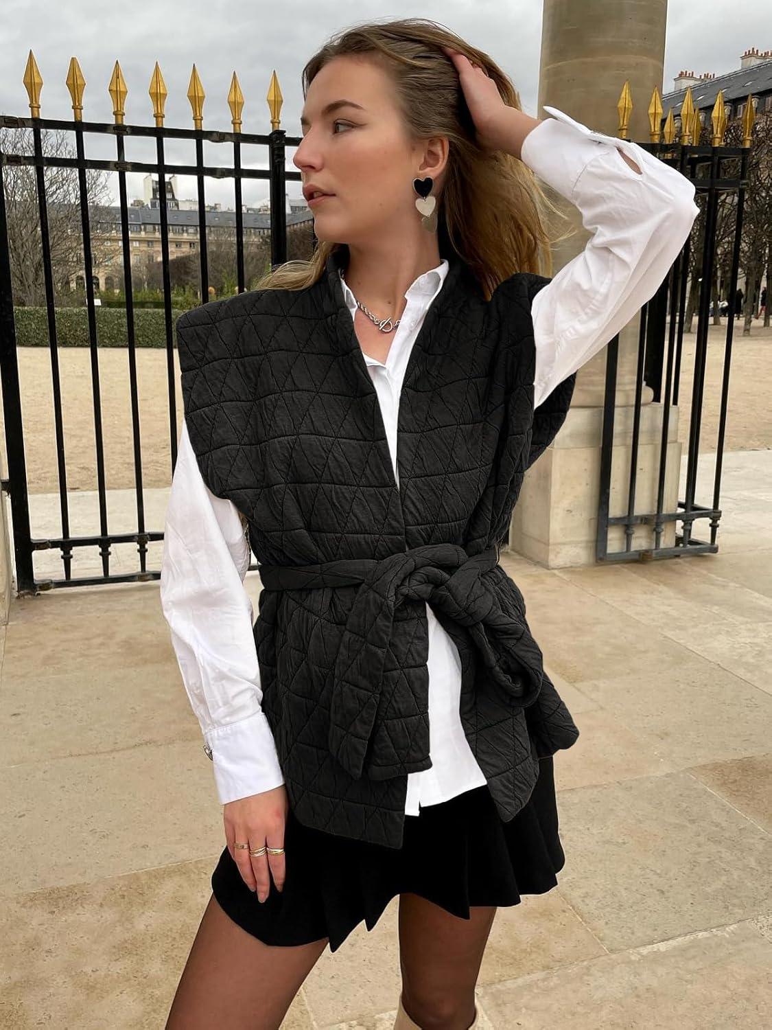 imageCicy Bell Womens Diamond Quilted Puffer Vest Open Front Puffy Sleeveless Jacket Fall Work Casual OuterwearBlack