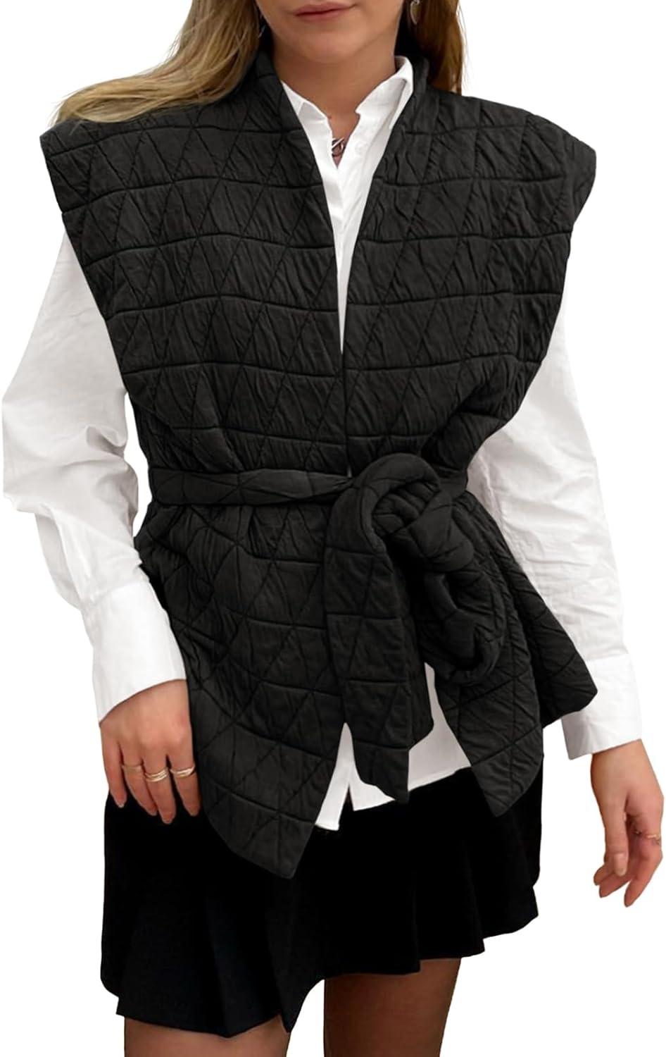imageCicy Bell Womens Diamond Quilted Puffer Vest Open Front Puffy Sleeveless Jacket Fall Work Casual OuterwearBlack