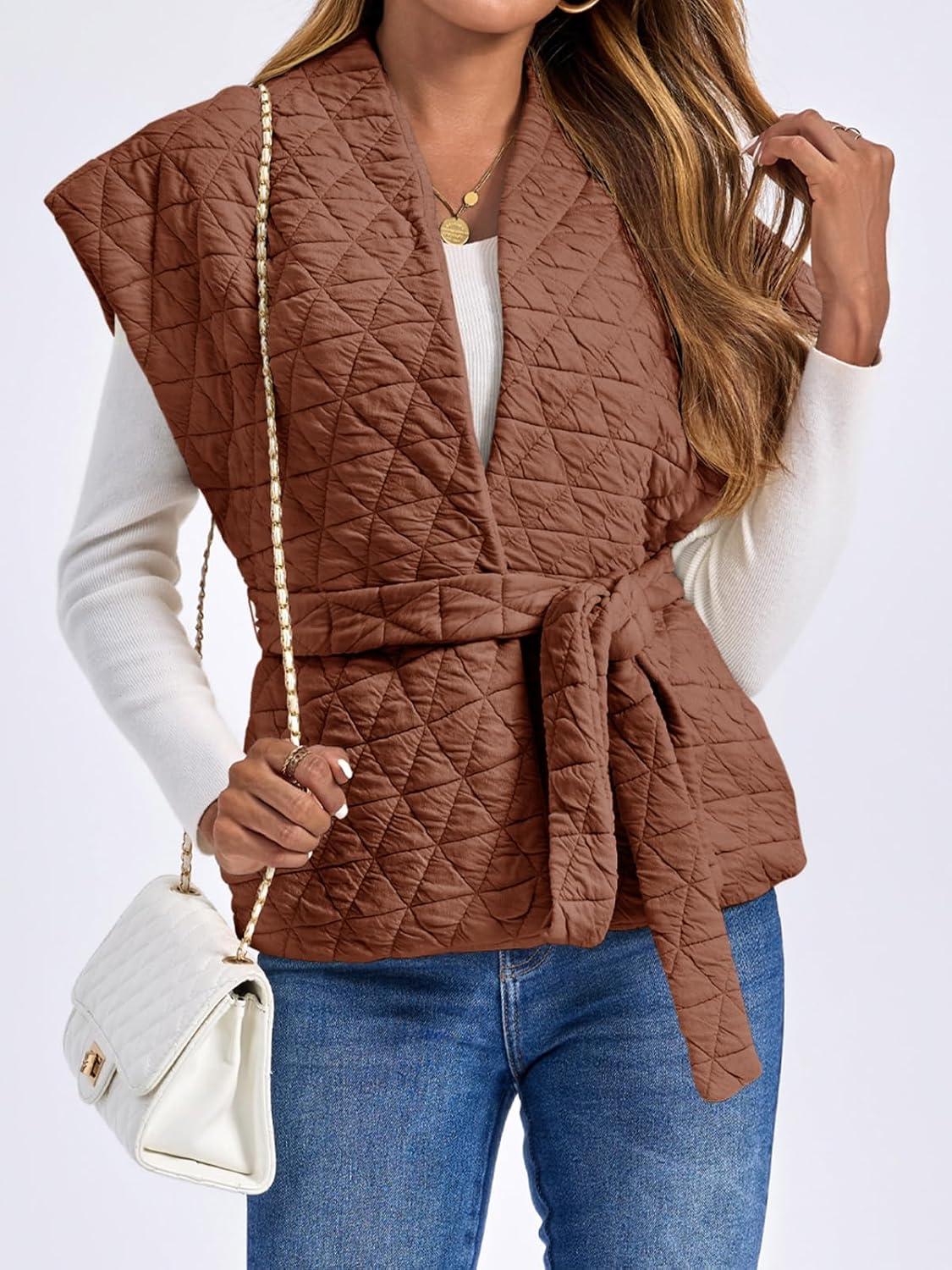 imageCicy Bell Womens Diamond Quilted Puffer Vest Open Front Puffy Sleeveless Jacket Fall Work Casual OuterwearCaramel