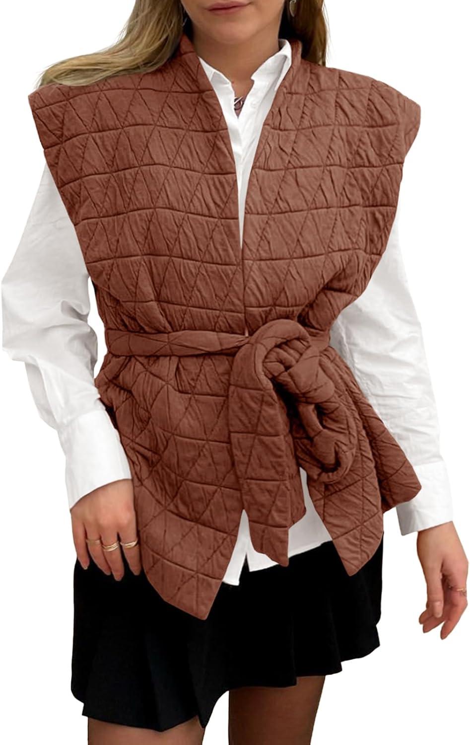 imageCicy Bell Womens Diamond Quilted Puffer Vest Open Front Puffy Sleeveless Jacket Fall Work Casual OuterwearCaramel