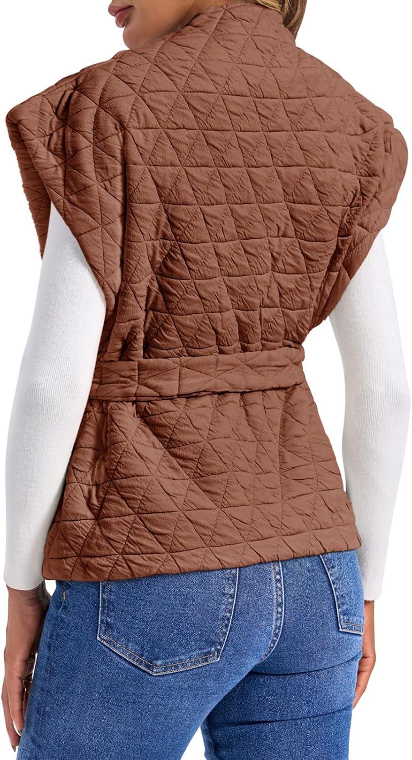 imageCicy Bell Womens Diamond Quilted Puffer Vest Open Front Puffy Sleeveless Jacket Fall Work Casual OuterwearCaramel