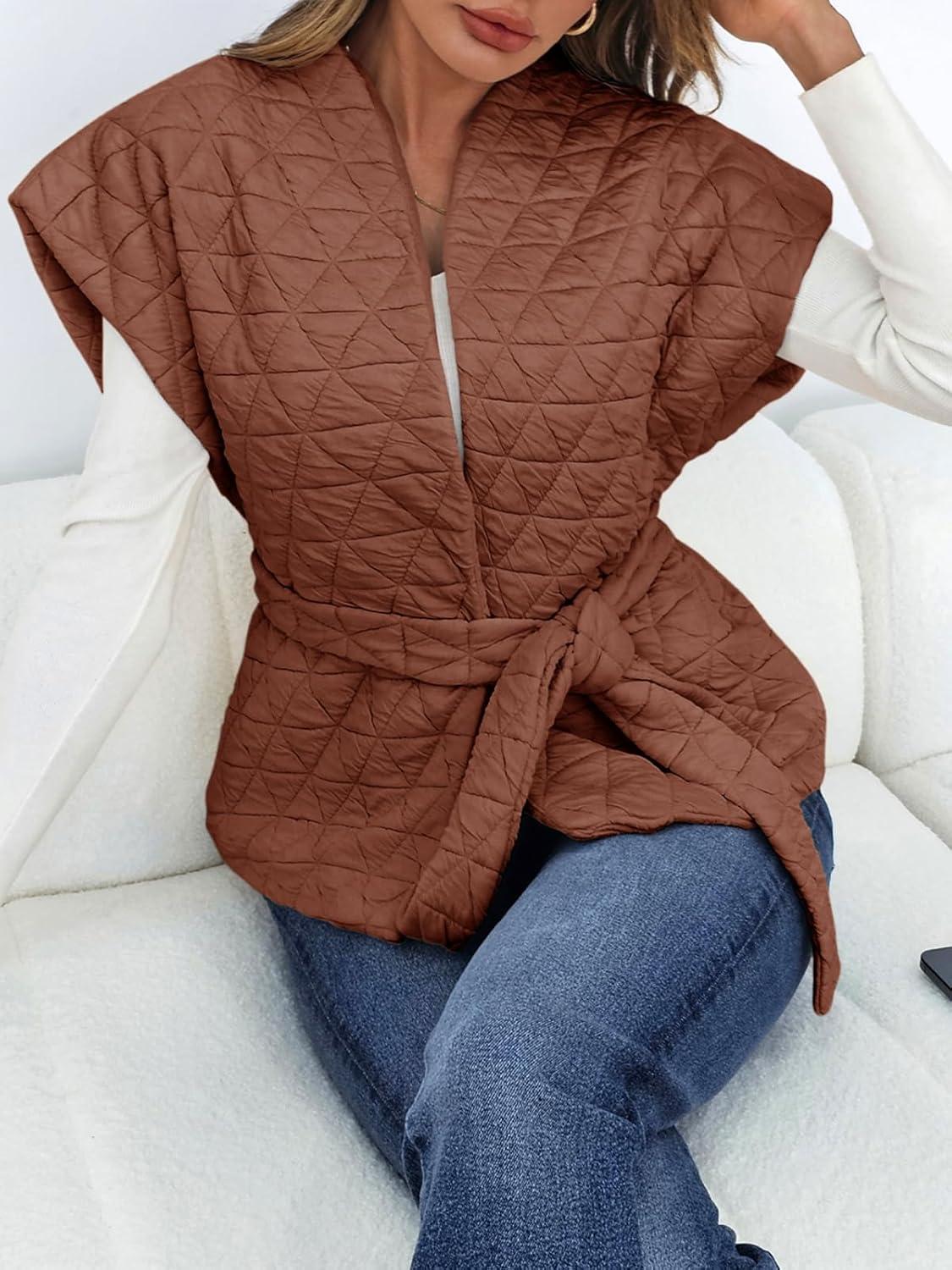 imageCicy Bell Womens Diamond Quilted Puffer Vest Open Front Puffy Sleeveless Jacket Fall Work Casual OuterwearCaramel