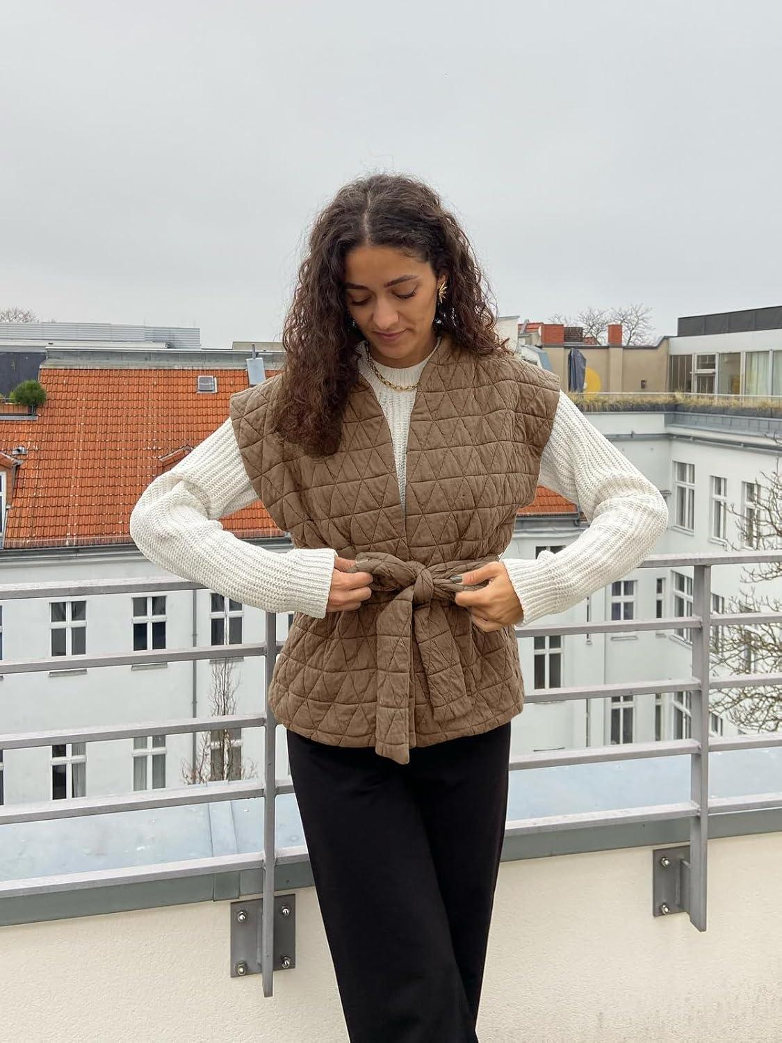 imageCicy Bell Womens Diamond Quilted Puffer Vest Open Front Puffy Sleeveless Jacket Fall Work Casual OuterwearKhaki