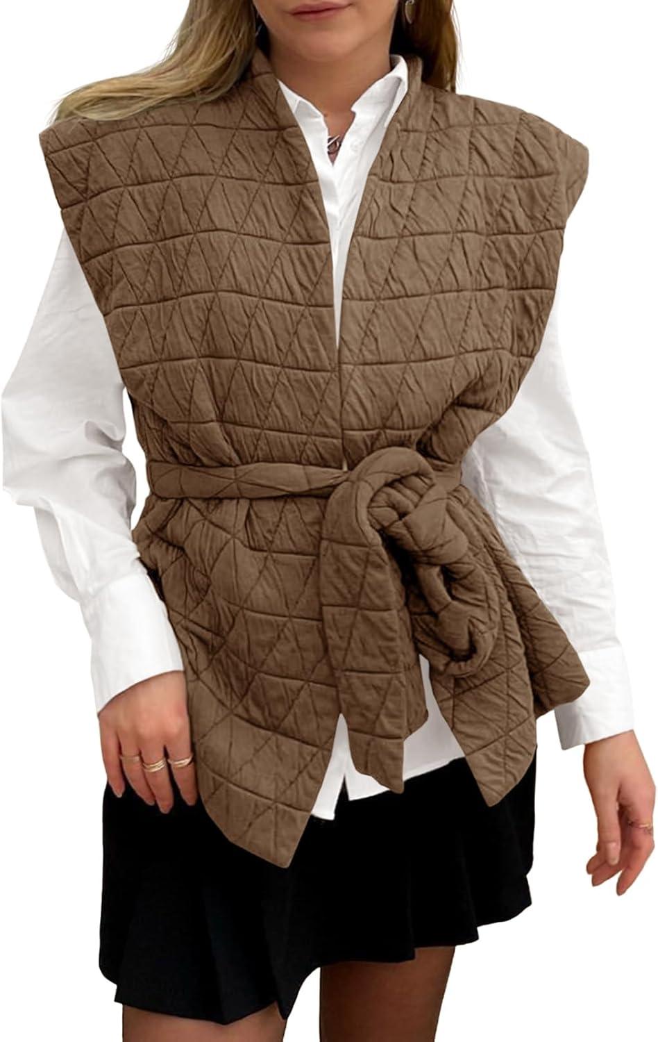imageCicy Bell Womens Diamond Quilted Puffer Vest Open Front Puffy Sleeveless Jacket Fall Work Casual OuterwearKhaki