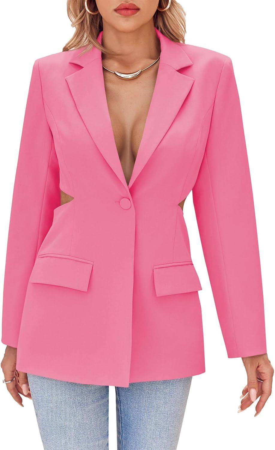 imageCicy Bell Womens Fitted Sexy Blazers Casual Open Front Long Sleeve Trendy Tailored Cut Out Blazer JacketsHot Pink