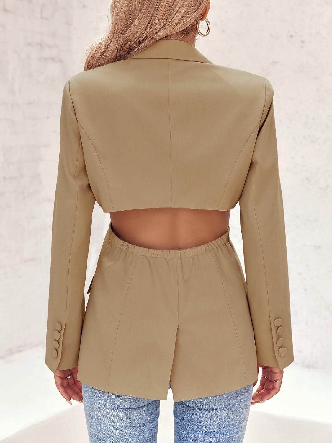 imageCicy Bell Womens Fitted Sexy Blazers Casual Open Front Long Sleeve Trendy Tailored Cut Out Blazer JacketsKhaki