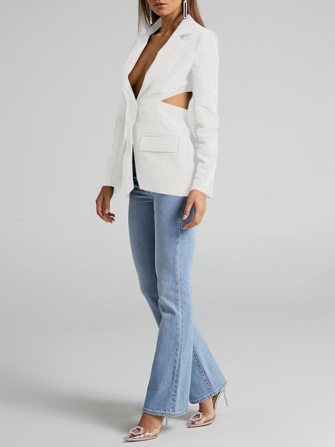 imageCicy Bell Womens Fitted Sexy Blazers Casual Open Front Long Sleeve Trendy Tailored Cut Out Blazer JacketsWhite