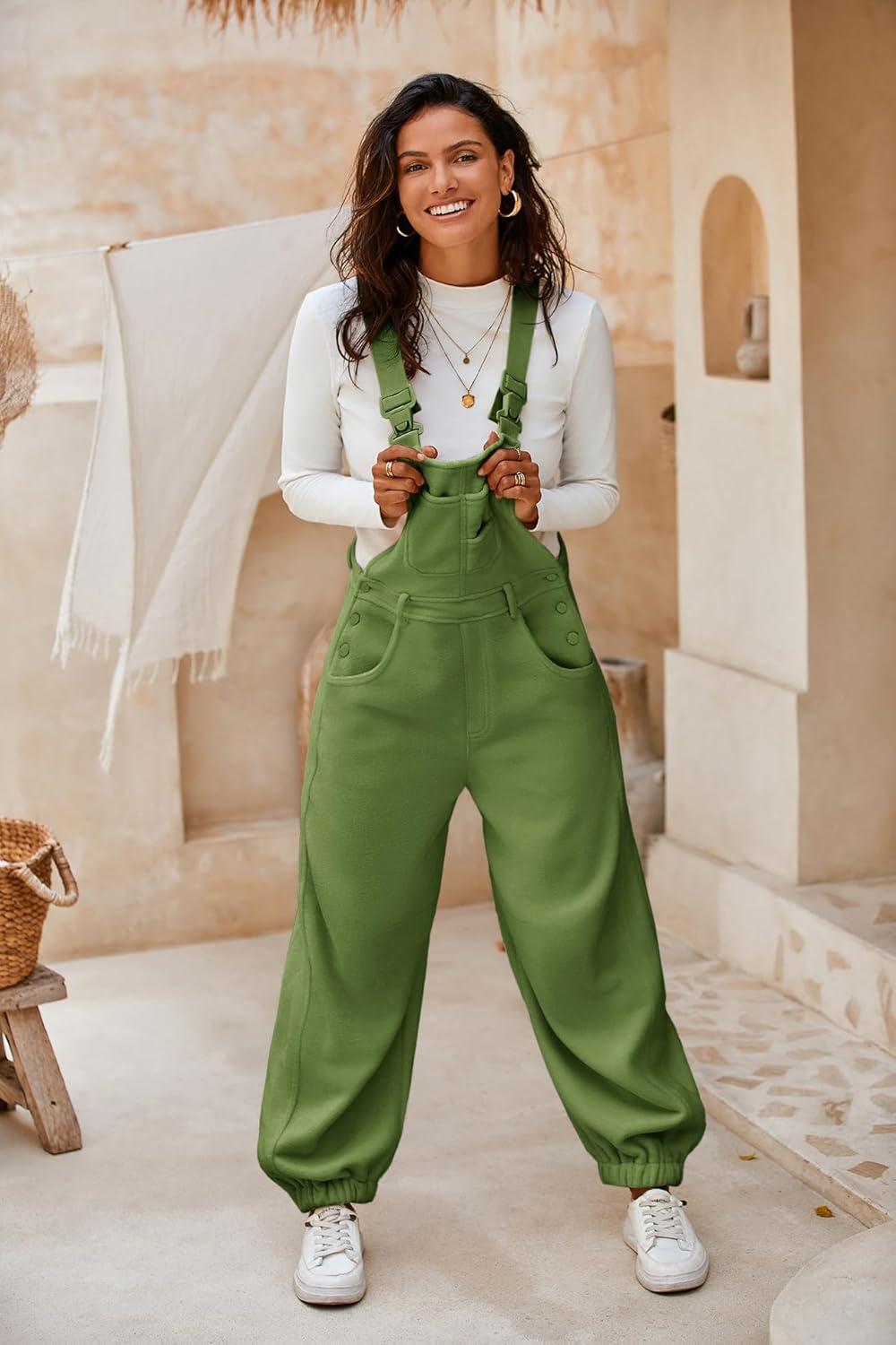 imageCicy Bell Womens Fleece Overalls Warm Winter Loose Fit Fuzzy Jumpsuits Casual Adjustable Strap Bib Travel OutfitsArmy Green