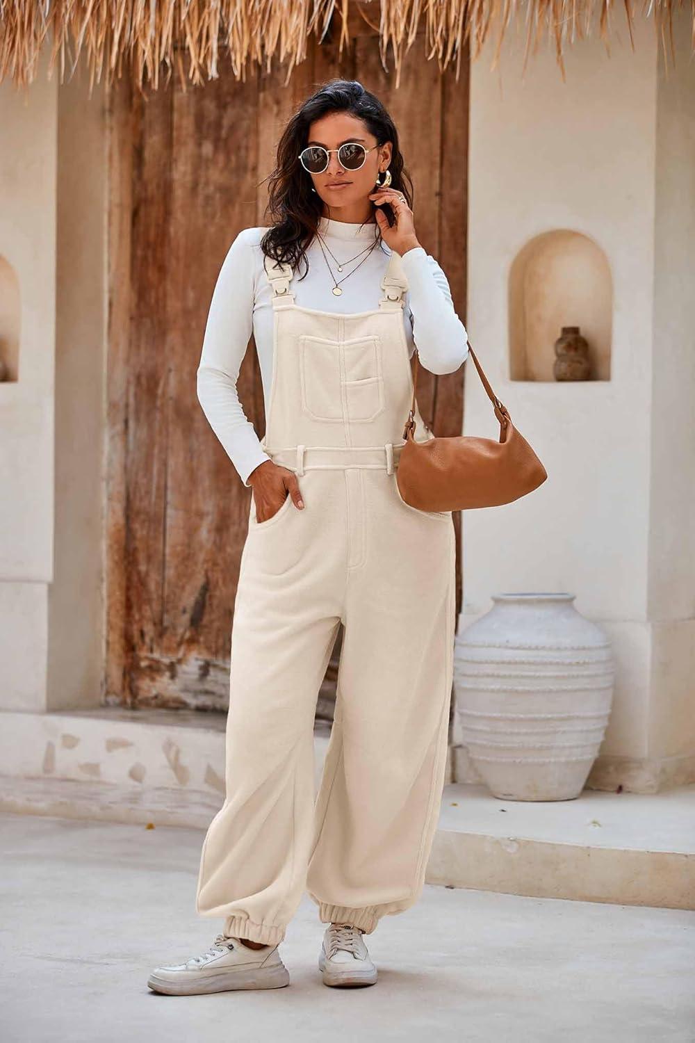 imageCicy Bell Womens Fleece Overalls Warm Winter Loose Fit Fuzzy Jumpsuits Casual Adjustable Strap Bib Travel OutfitsBeige