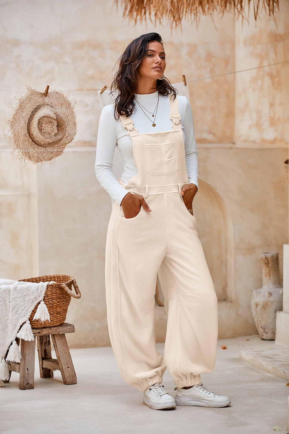 imageCicy Bell Womens Fleece Overalls Warm Winter Loose Fit Fuzzy Jumpsuits Casual Adjustable Strap Bib Travel OutfitsBeige