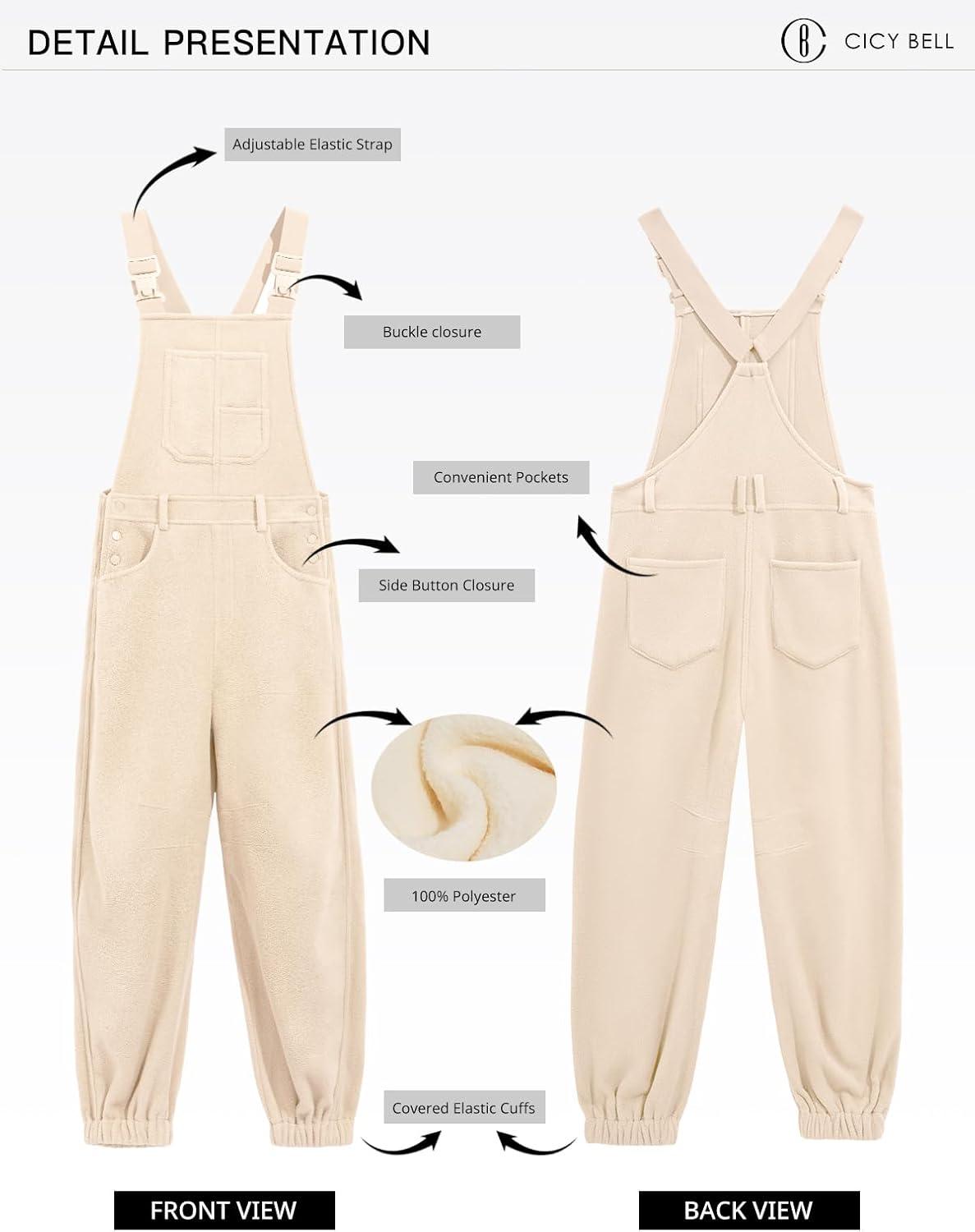 imageCicy Bell Womens Fleece Overalls Warm Winter Loose Fit Fuzzy Jumpsuits Casual Adjustable Strap Bib Travel OutfitsBeige