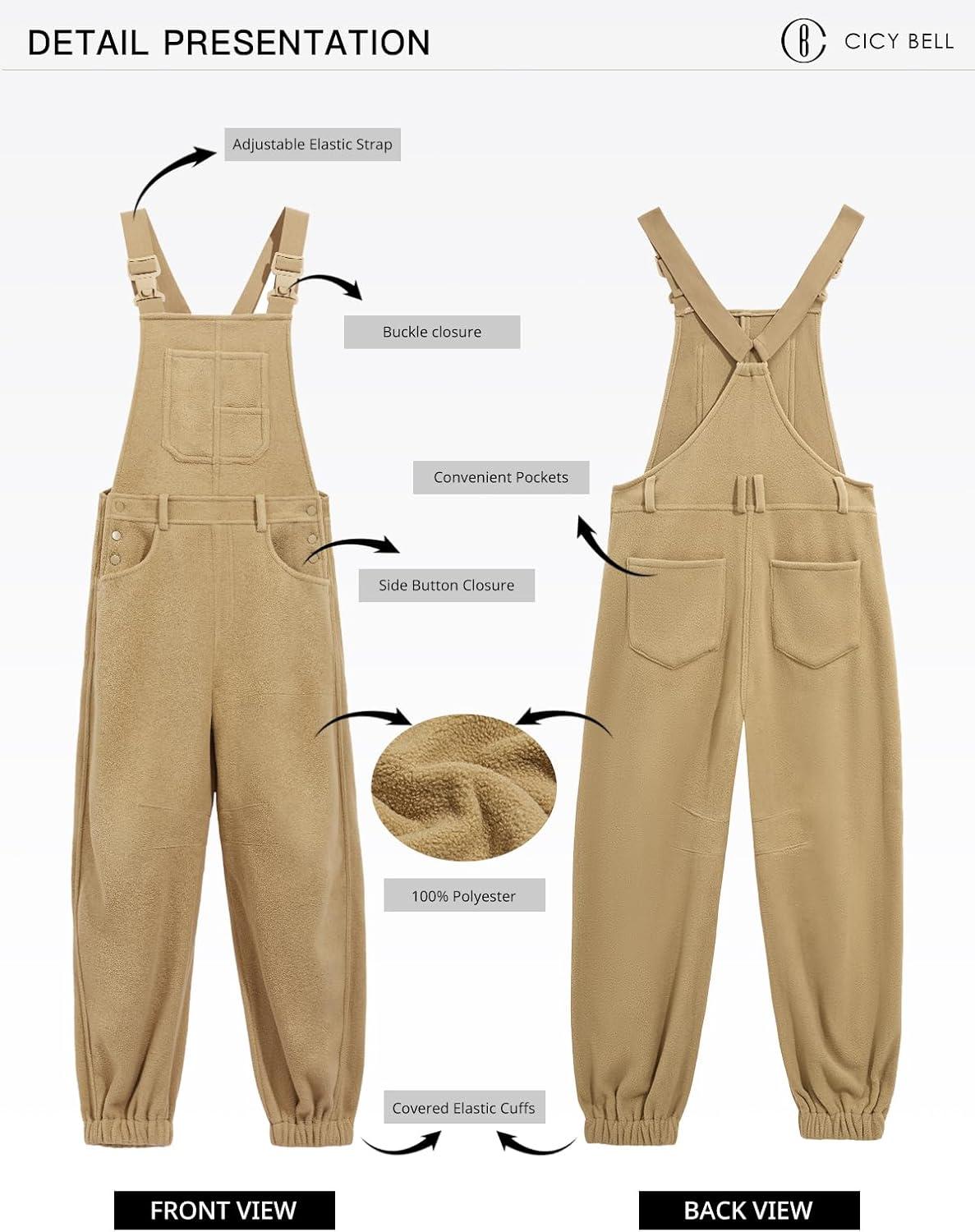 imageCicy Bell Womens Fleece Overalls Warm Winter Loose Fit Fuzzy Jumpsuits Casual Adjustable Strap Bib Travel OutfitsKhaki