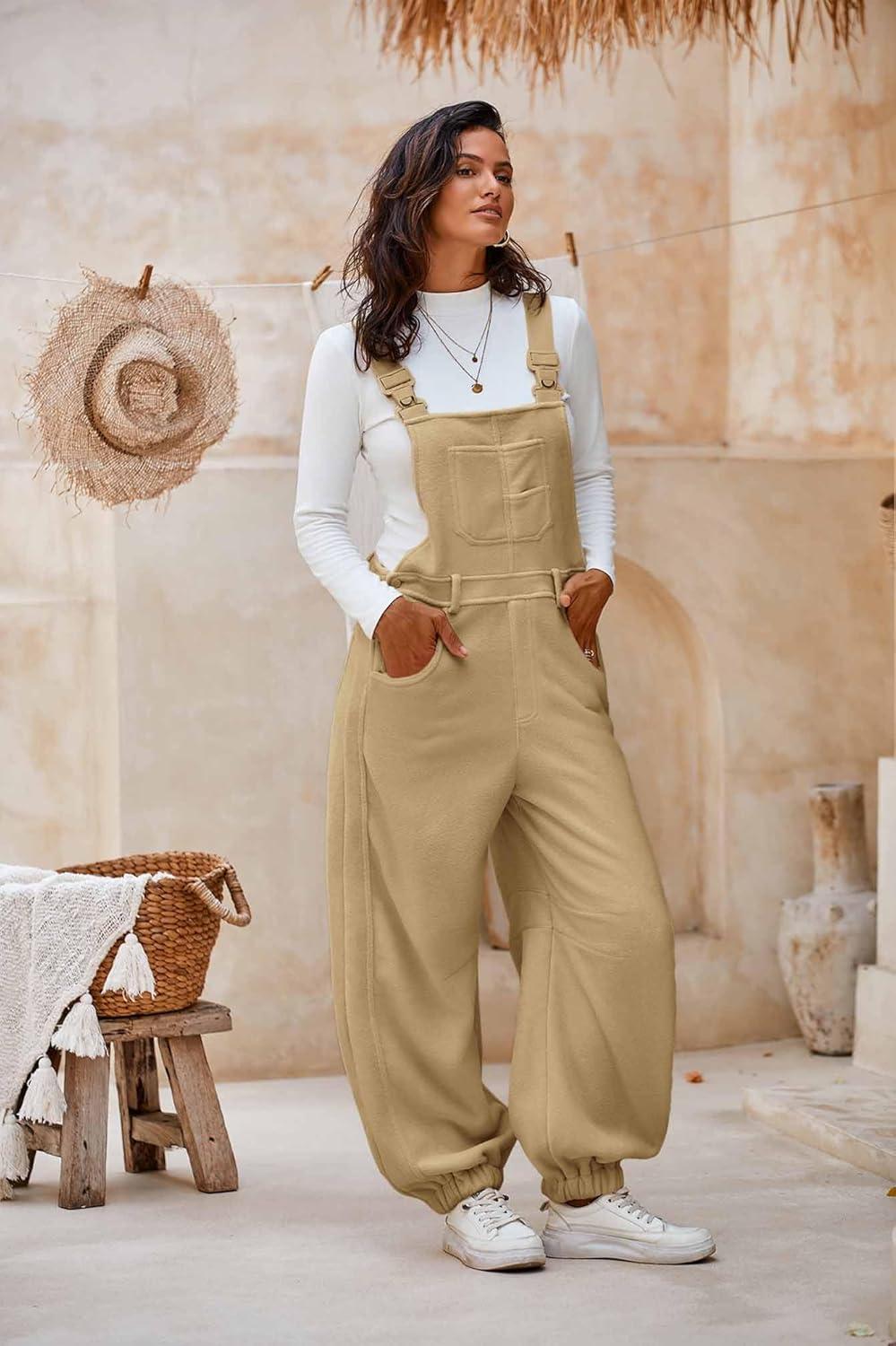 imageCicy Bell Womens Fleece Overalls Warm Winter Loose Fit Fuzzy Jumpsuits Casual Adjustable Strap Bib Travel OutfitsKhaki