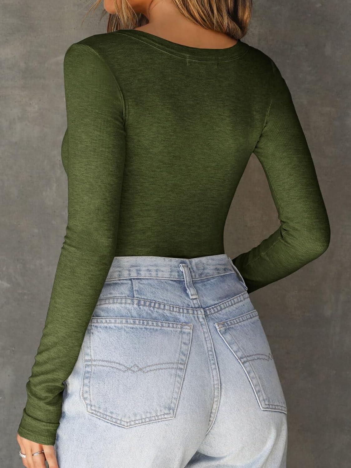 imageCicy Bell Womens Long Sleeve Tops Tight Ribbed Knit Scoop Neck Henley Shirts 2024 Fall Fitted Basic TeeArmy Green