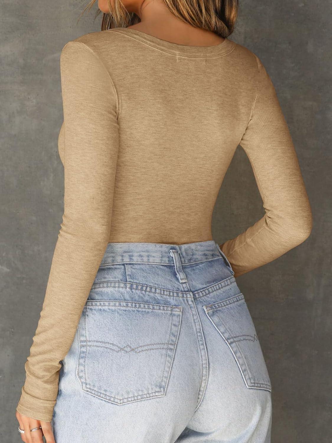 imageCicy Bell Womens Long Sleeve Tops Tight Ribbed Knit Scoop Neck Henley Shirts 2024 Fall Fitted Basic TeeBeige