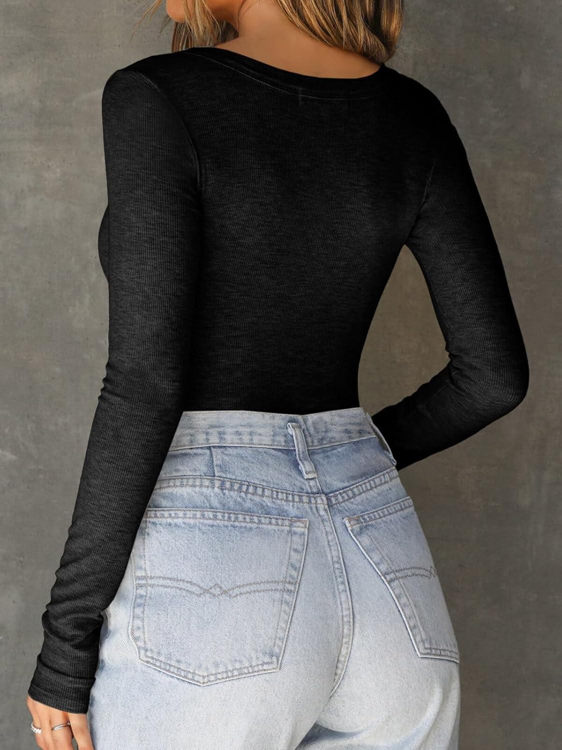 imageCicy Bell Womens Long Sleeve Tops Tight Ribbed Knit Scoop Neck Henley Shirts 2024 Fall Fitted Basic TeeBlack
