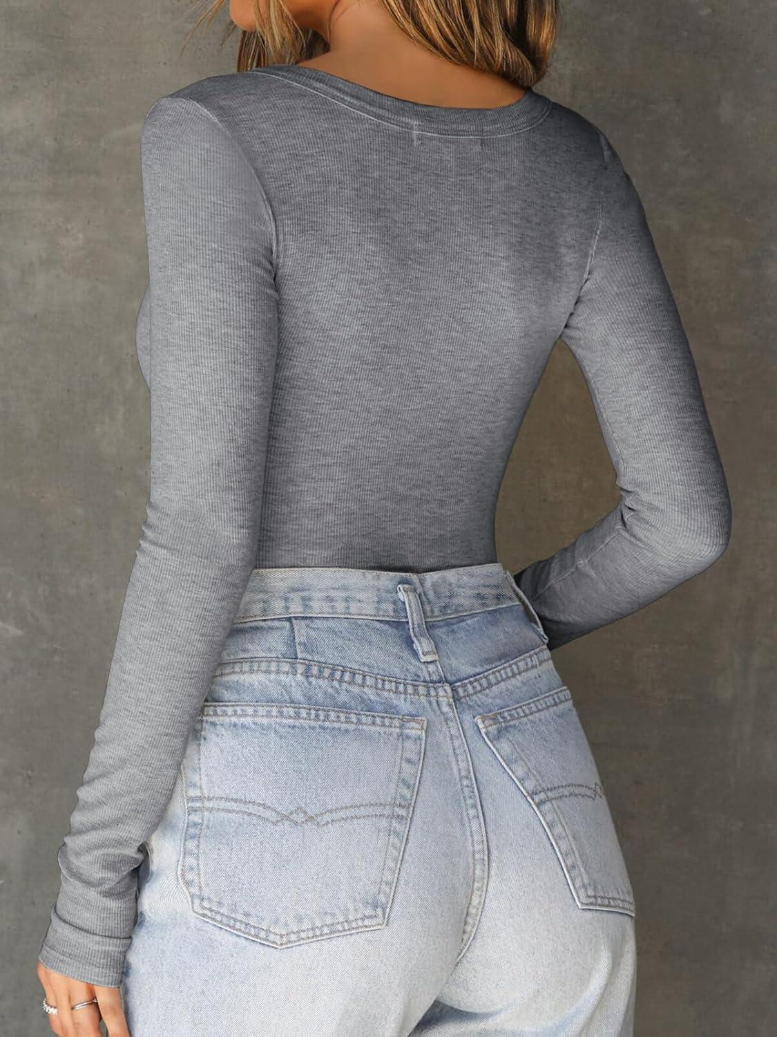 imageCicy Bell Womens Long Sleeve Tops Tight Ribbed Knit Scoop Neck Henley Shirts 2024 Fall Fitted Basic TeeLight Grey