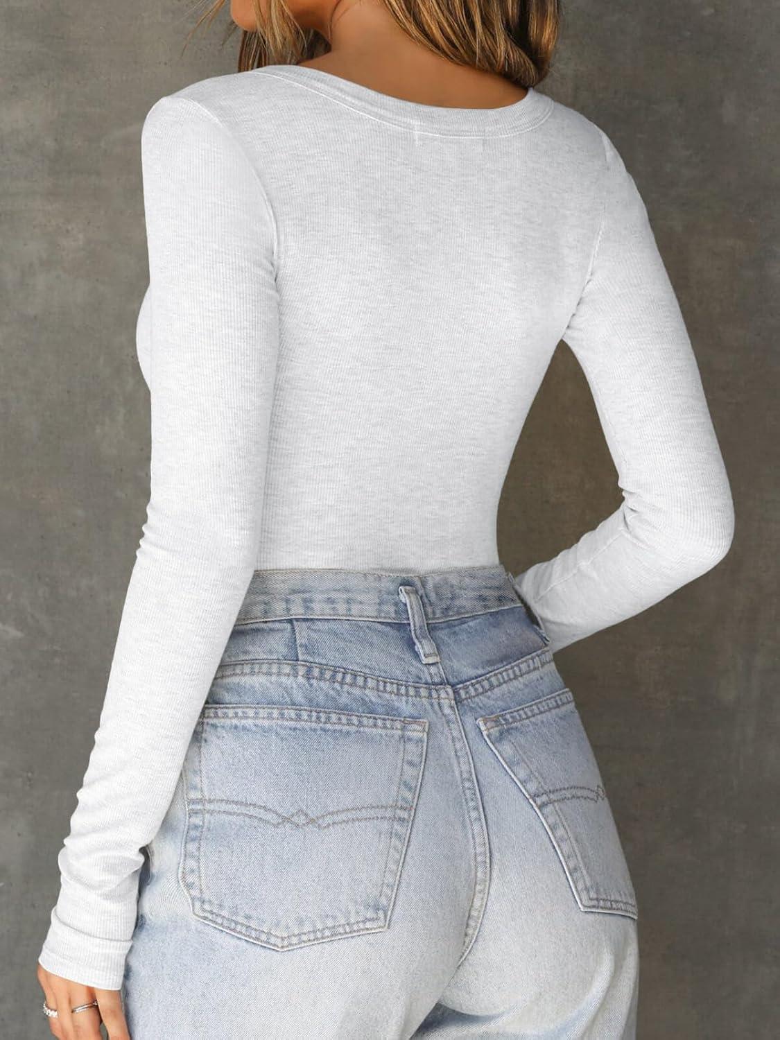 imageCicy Bell Womens Long Sleeve Tops Tight Ribbed Knit Scoop Neck Henley Shirts 2024 Fall Fitted Basic TeeWhite