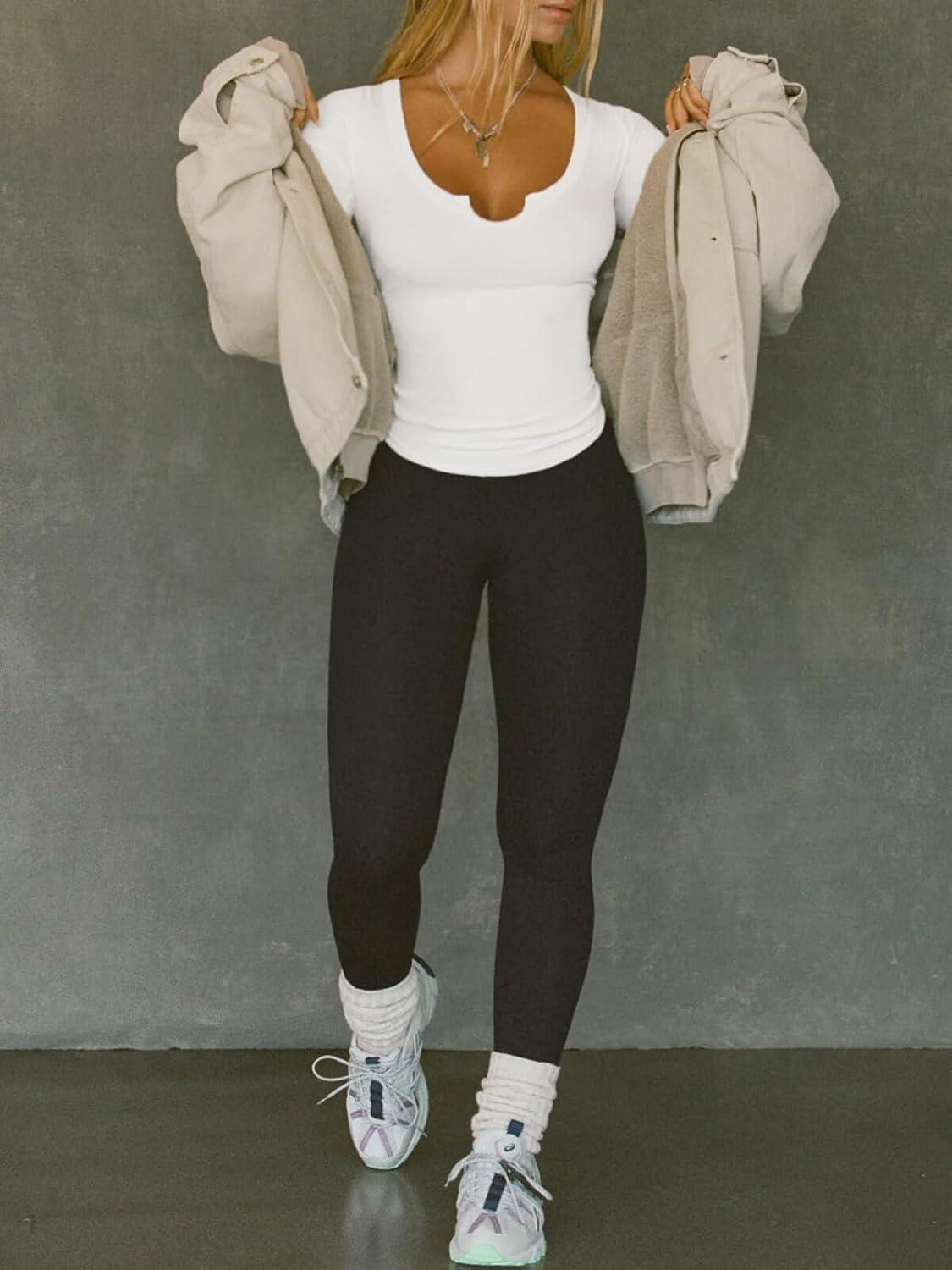 imageCicy Bell Womens Long Sleeve Tops Tight Ribbed Knit Scoop Neck Henley Shirts 2024 Fall Fitted Basic TeeWhite