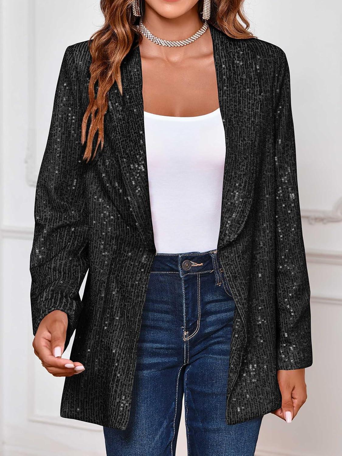 imageCicy Bell Womens Sequin Shiny Blazer Casual Laple Long Sleeve Sparkly Party Jackets BlazerBlack