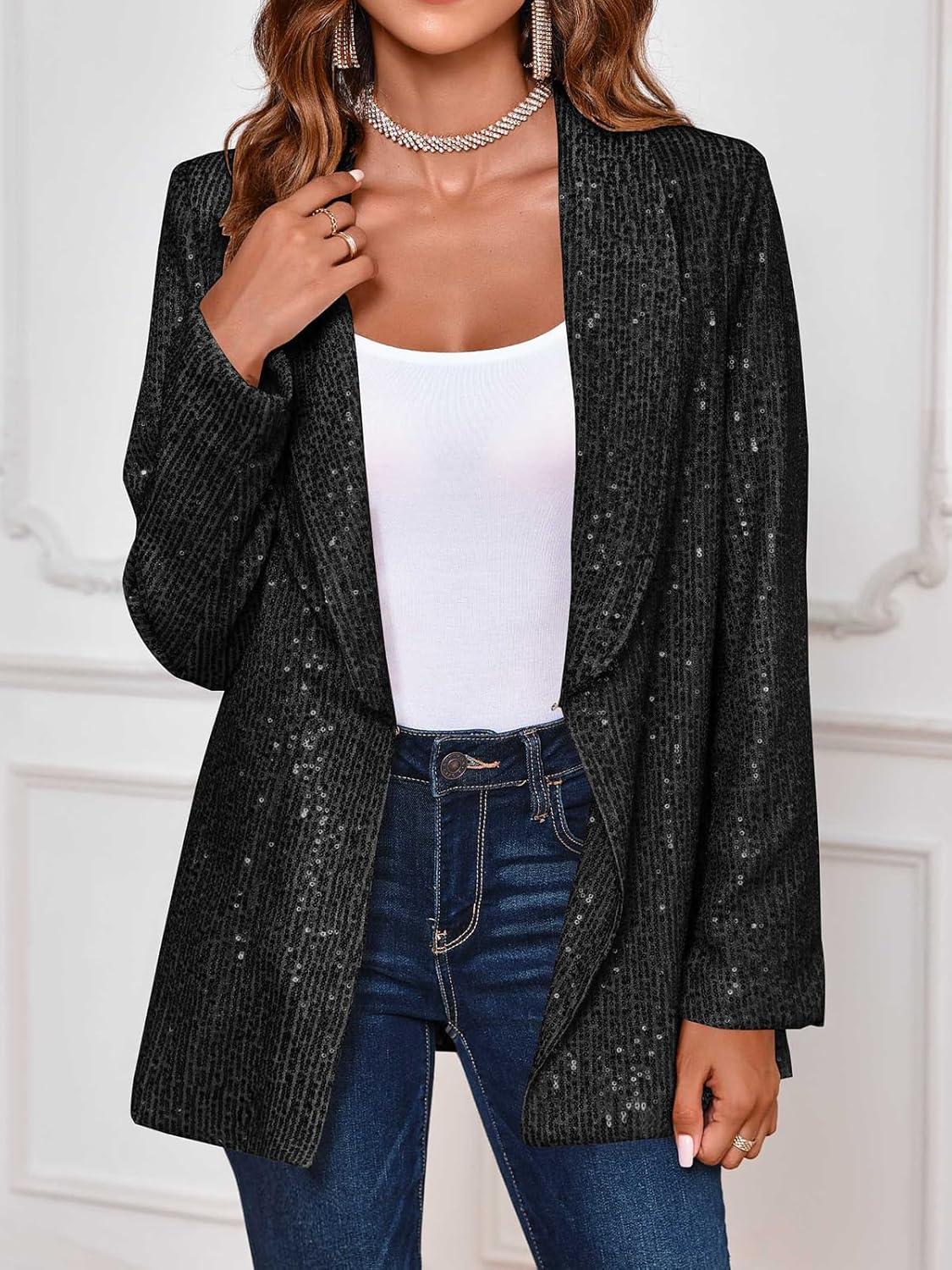 imageCicy Bell Womens Sequin Shiny Blazer Casual Laple Long Sleeve Sparkly Party Jackets BlazerBlack