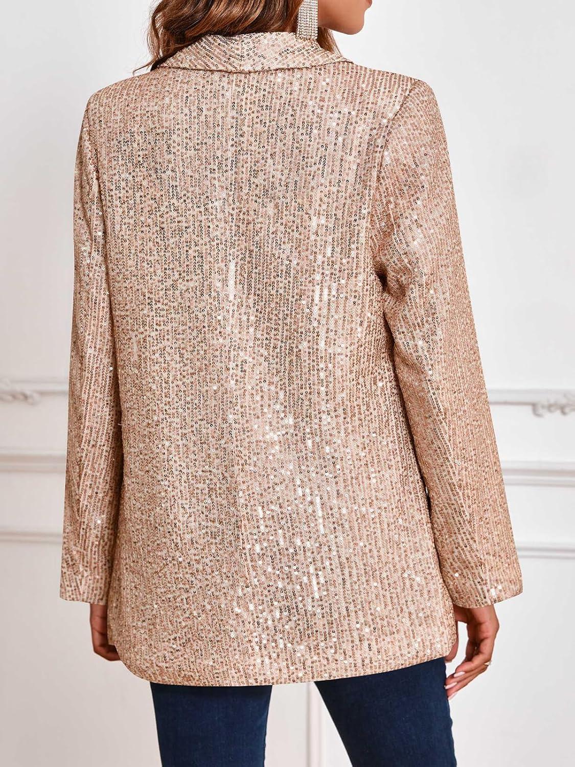 imageCicy Bell Womens Sequin Shiny Blazer Casual Laple Long Sleeve Sparkly Party Jackets BlazerChampagne Gold
