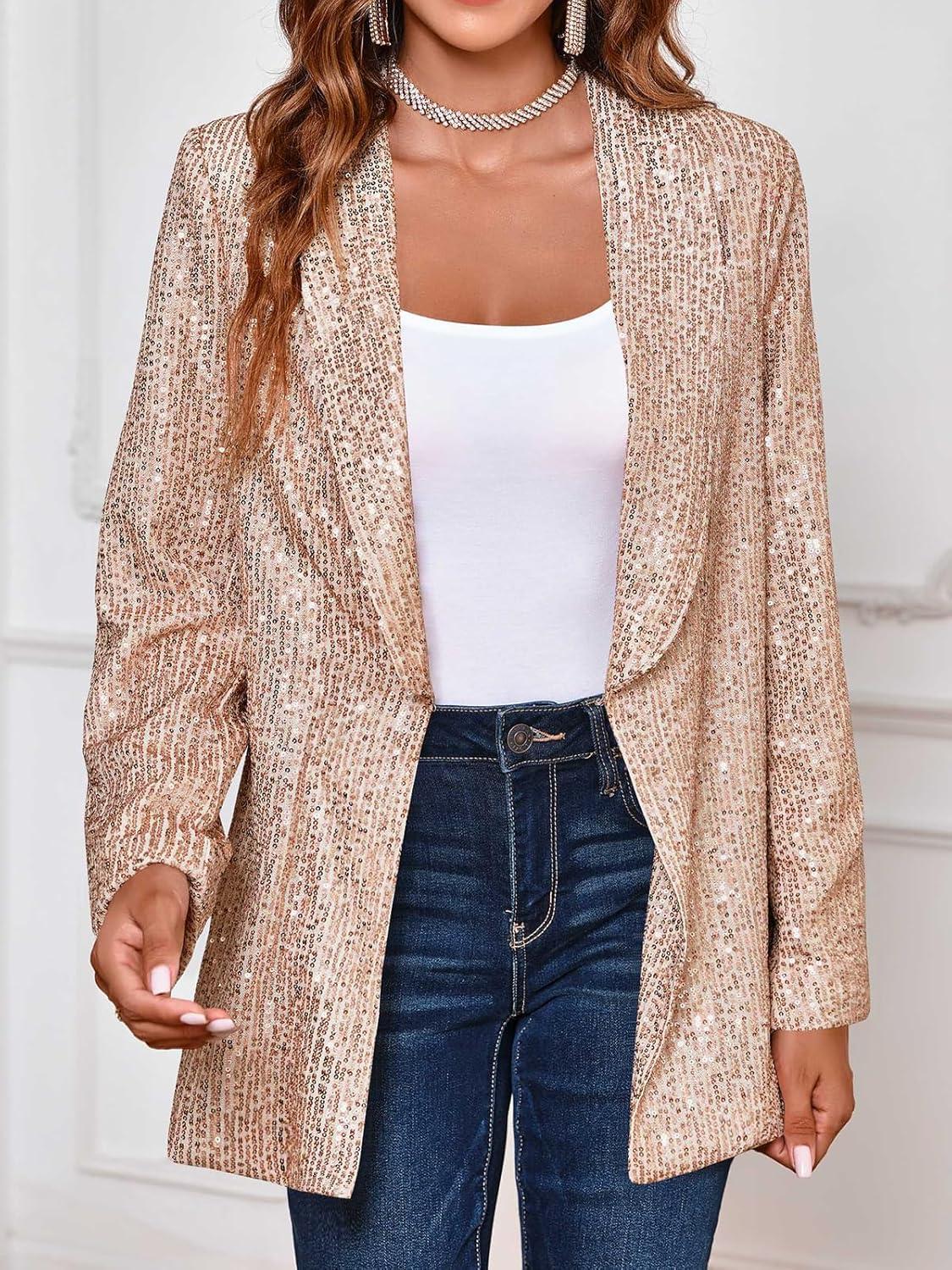 imageCicy Bell Womens Sequin Shiny Blazer Casual Laple Long Sleeve Sparkly Party Jackets BlazerChampagne Gold