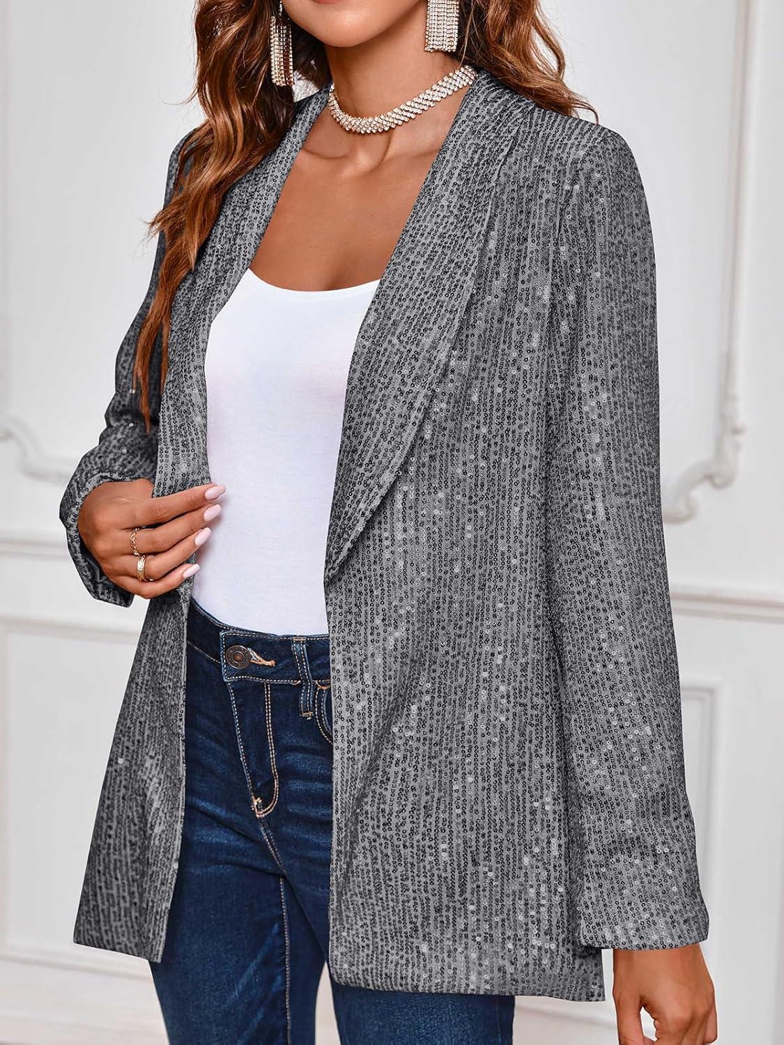 imageCicy Bell Womens Sequin Shiny Blazer Casual Laple Long Sleeve Sparkly Party Jackets BlazerGrey