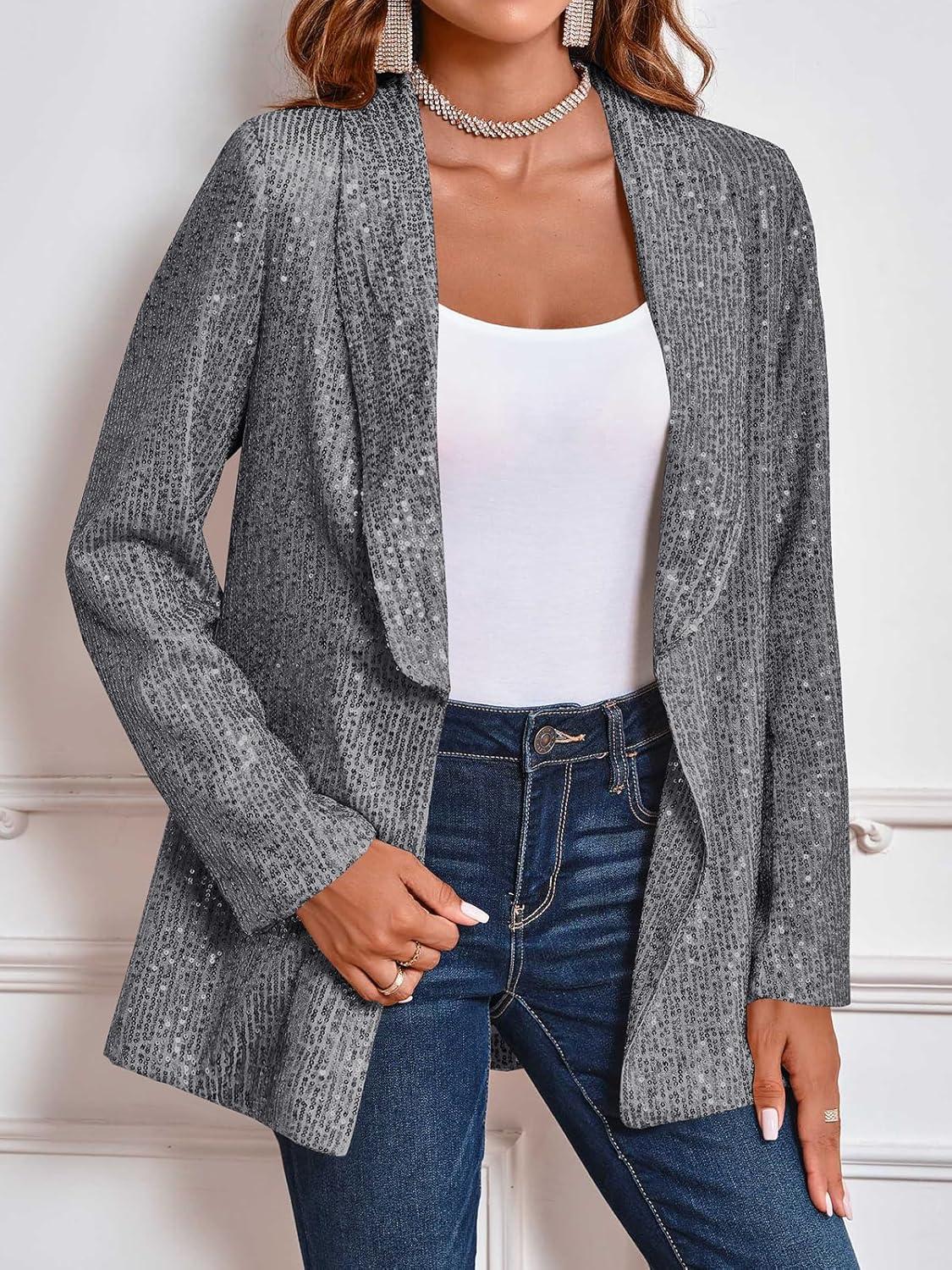 imageCicy Bell Womens Sequin Shiny Blazer Casual Laple Long Sleeve Sparkly Party Jackets BlazerGrey