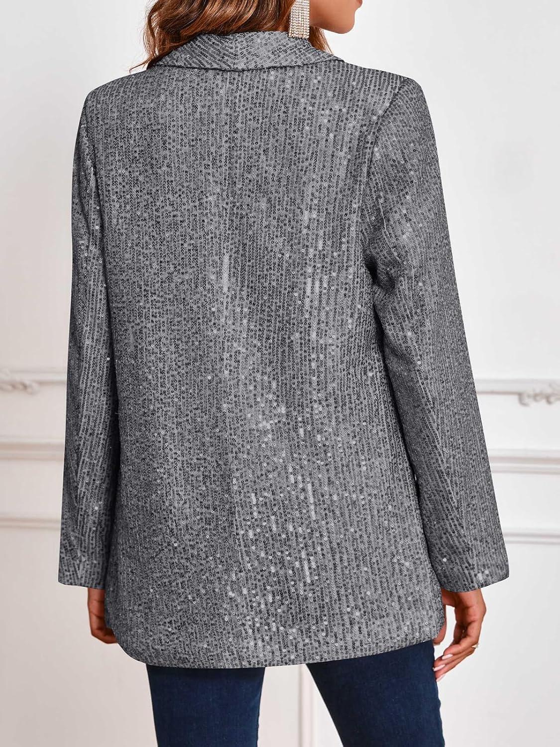 imageCicy Bell Womens Sequin Shiny Blazer Casual Laple Long Sleeve Sparkly Party Jackets BlazerGrey
