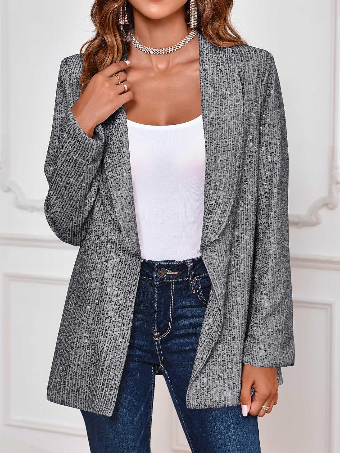 imageCicy Bell Womens Sequin Shiny Blazer Casual Laple Long Sleeve Sparkly Party Jackets BlazerGrey