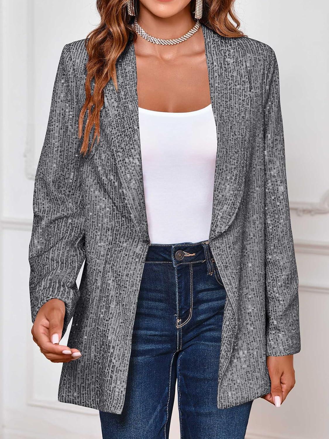 imageCicy Bell Womens Sequin Shiny Blazer Casual Laple Long Sleeve Sparkly Party Jackets BlazerGrey