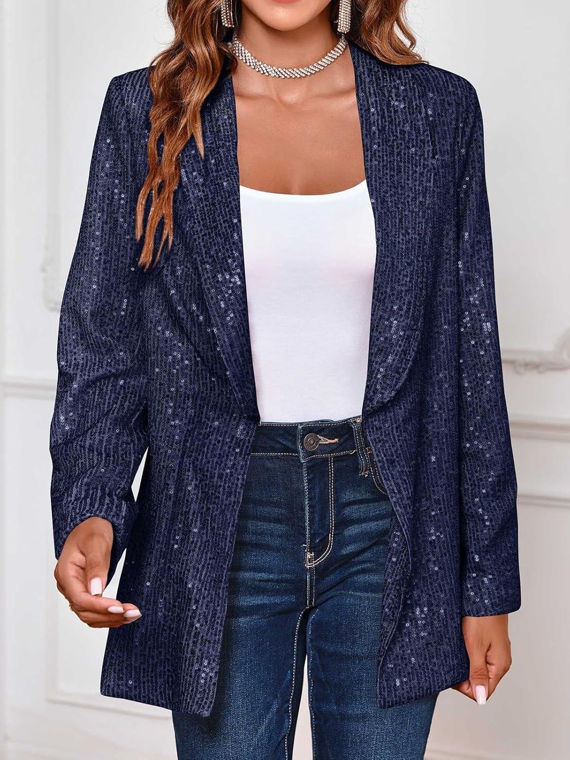 imageCicy Bell Womens Sequin Shiny Blazer Casual Laple Long Sleeve Sparkly Party Jackets BlazerNavy