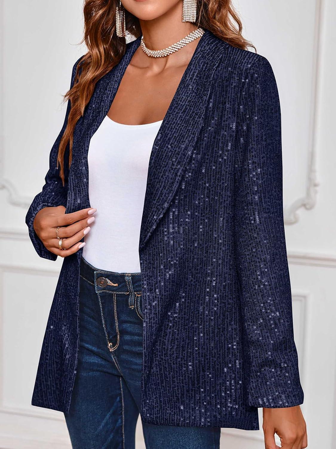 imageCicy Bell Womens Sequin Shiny Blazer Casual Laple Long Sleeve Sparkly Party Jackets BlazerNavy