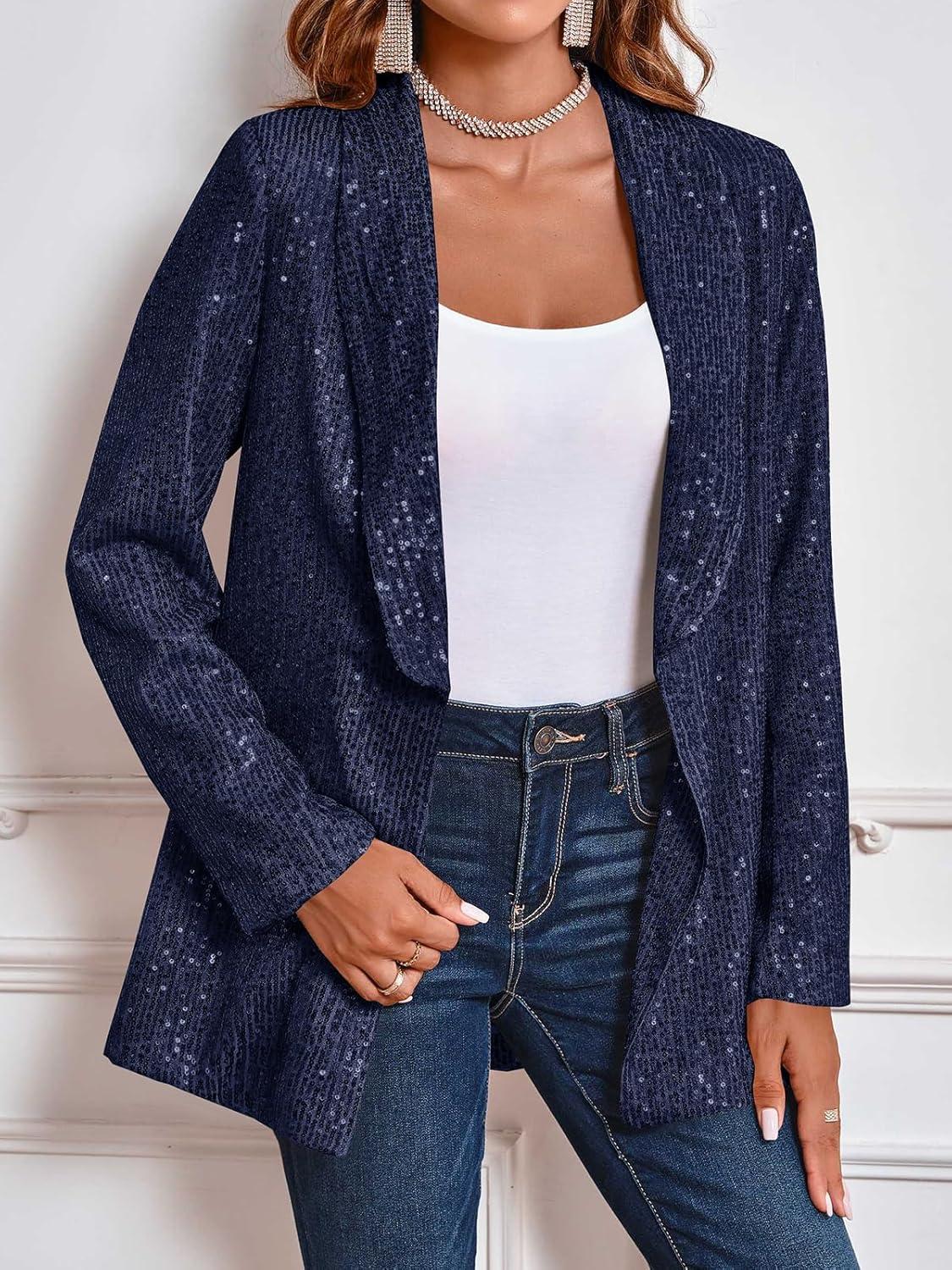 imageCicy Bell Womens Sequin Shiny Blazer Casual Laple Long Sleeve Sparkly Party Jackets BlazerNavy