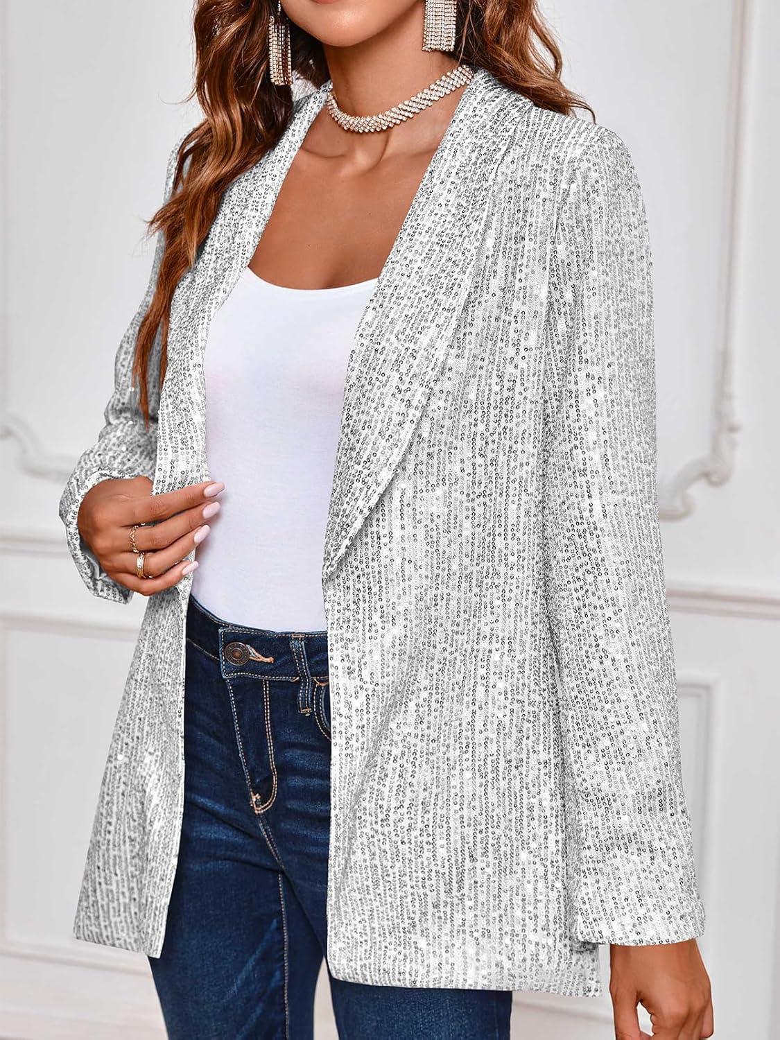 imageCicy Bell Womens Sequin Shiny Blazer Casual Laple Long Sleeve Sparkly Party Jackets BlazerWhite