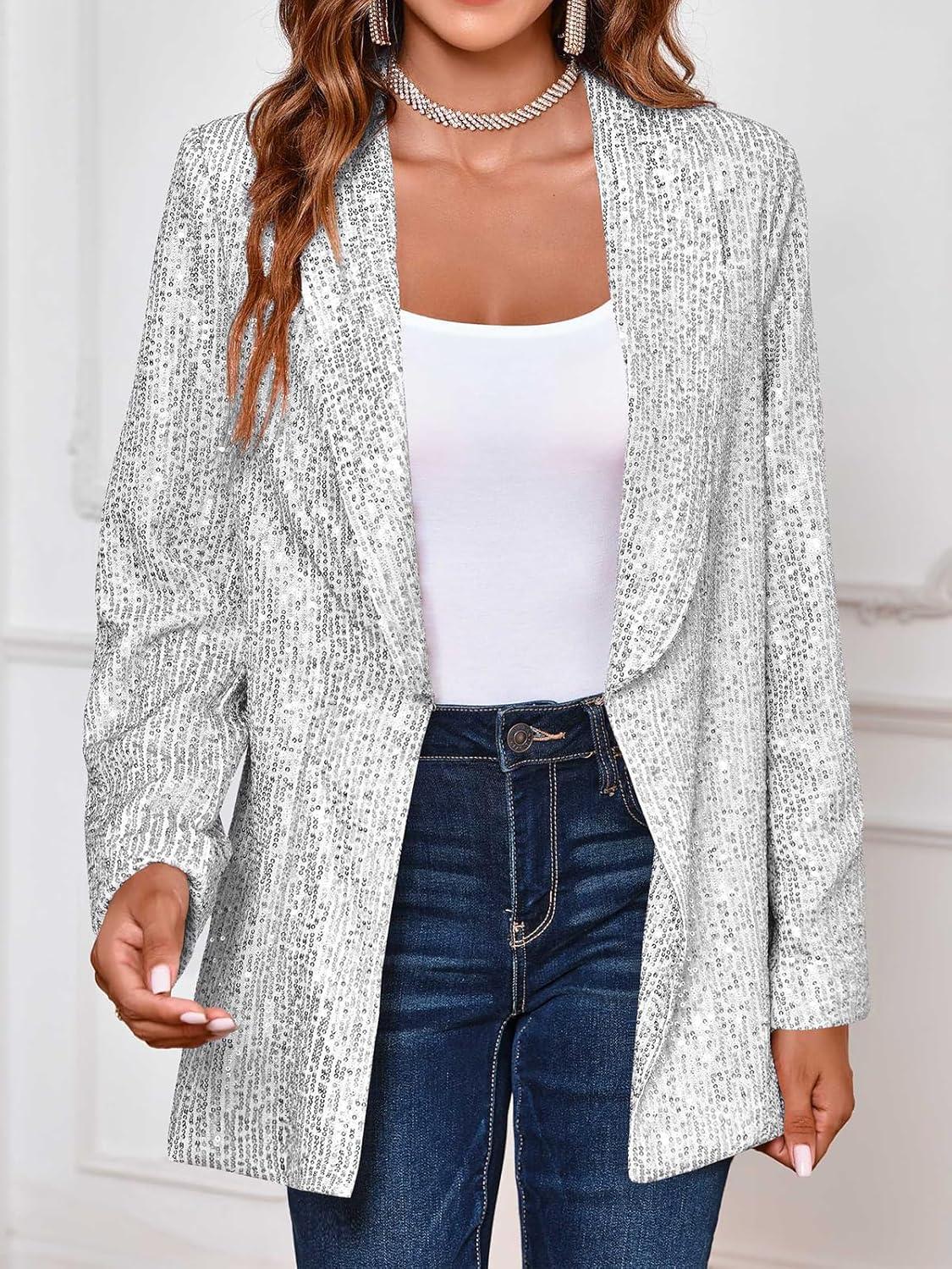 imageCicy Bell Womens Sequin Shiny Blazer Casual Laple Long Sleeve Sparkly Party Jackets BlazerWhite